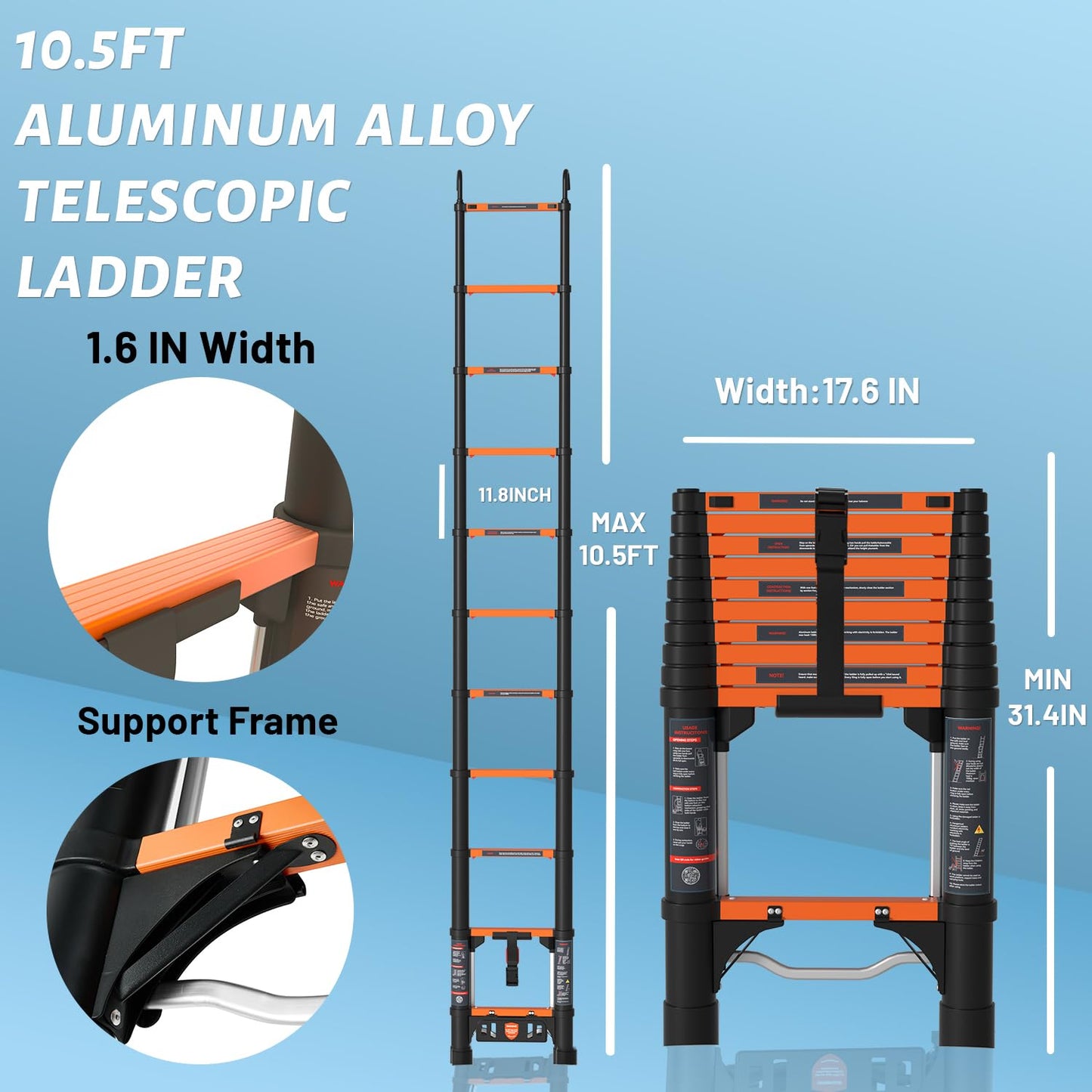 Telescoping Ladder, 10.5FT Extension Ladder，One-Step Collapsible, Aluminum Ladder for RV Home Outdoor, 330lbs Max Capacity