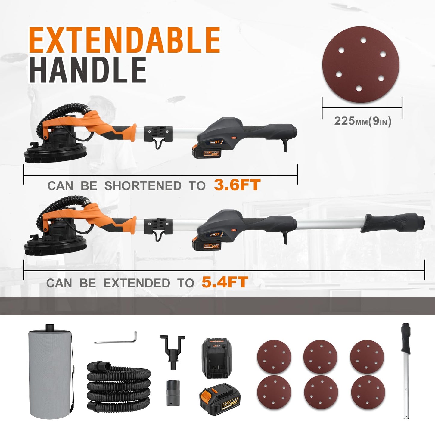 MAXXT Cordlees Drywall Sander with Vacuum Dust Collection, Brushless Electric Wall Sander with 7 Variable Speed Foldable Telescopic, Popcorn Ceiling Removal Tool, 2 Pack 4.0 Ah Battery and Charger
