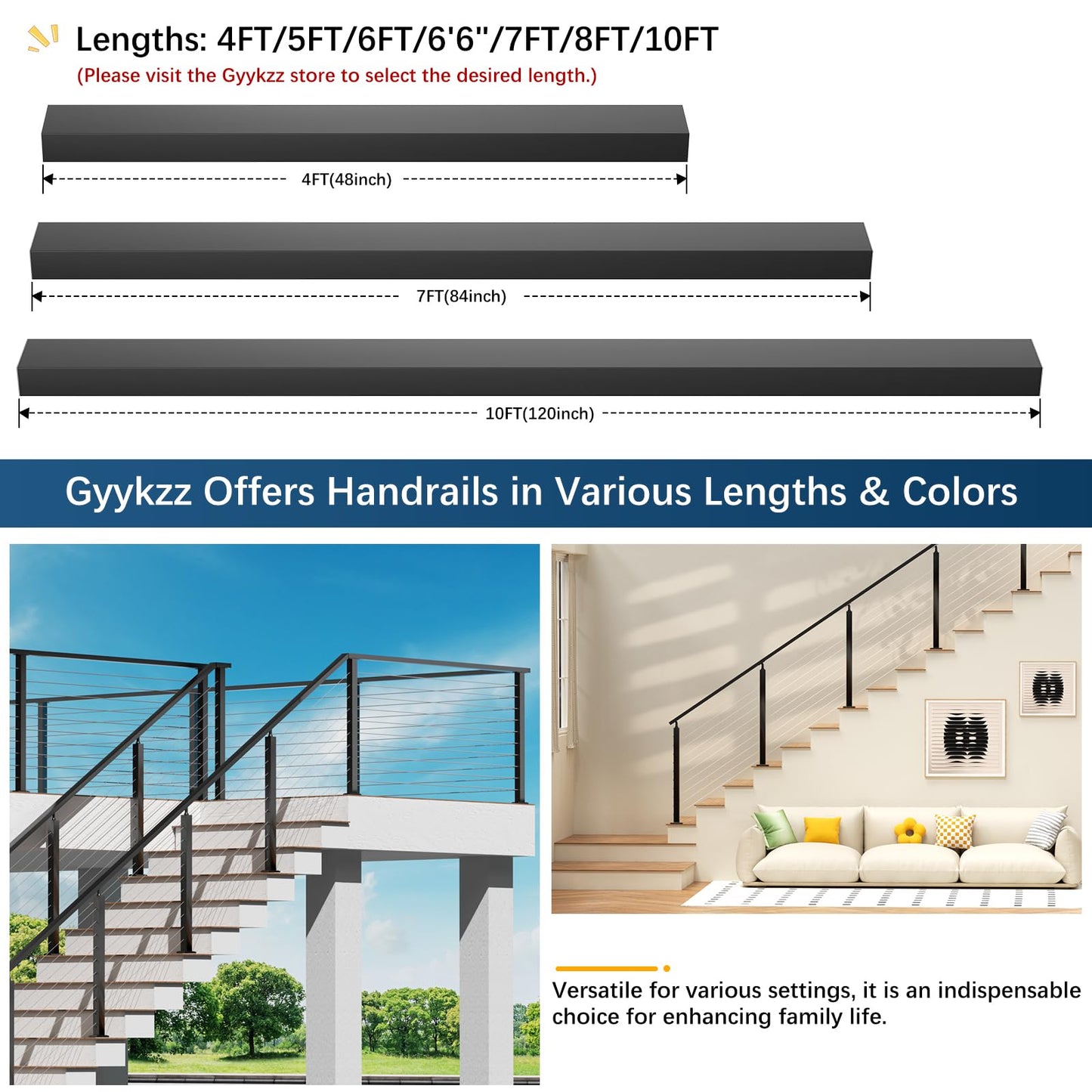 Gyykzz 7FT Stainless Steel T304 Black Handrail, 3 Pack Rectangular Tube Cable Railing Handrail with Plastic End Caps, Flat Top Rail for Indoor Outdoor Deck Stair Cable Railing System DIY Balustrade