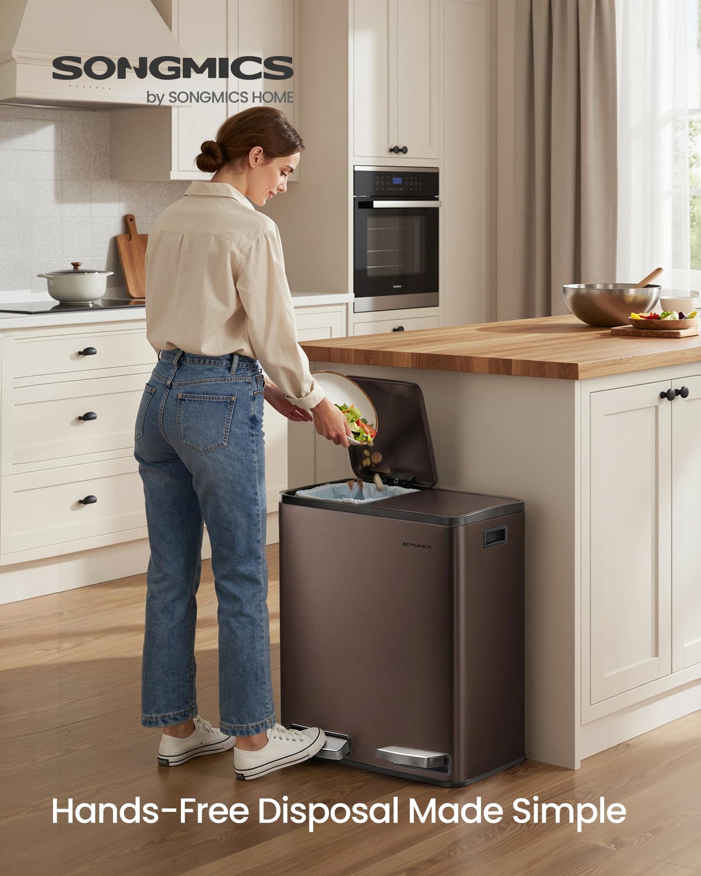 SONGMICS Trash Can, 2 x 8 Gallon (2 x 30 L) Double Compartment Garbage Can for Recycling, Stainless Steel, with 15 Liner Bags, Soft-Close Lids, Removable Buckets, Pedals, Brown ULTB160MZ01