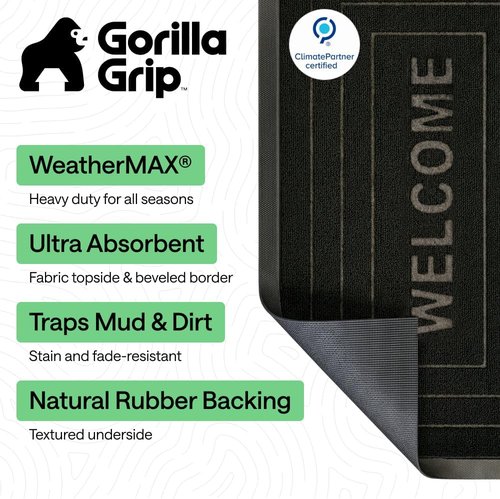 GORILLA GRIP Waterproof All-Season WeatherMAX Doormat - 47x35 Natural Rubber | Stain & Fade Resistant, Easy Clean Black
