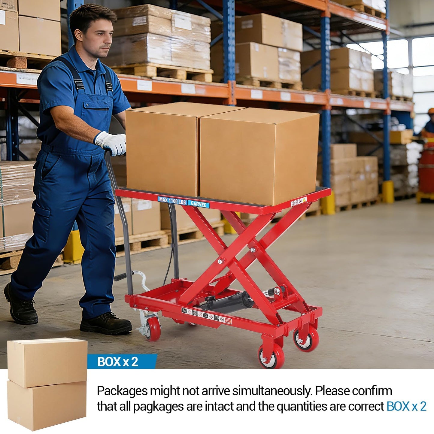 Garvee Hydraulic Lift Table Cart, 1100 LBS Capacity 32" Lifting Height Single Scissor Lift Table with 4 Wheels & Non-Slip Pad, for Material Handling and Transportation, Red