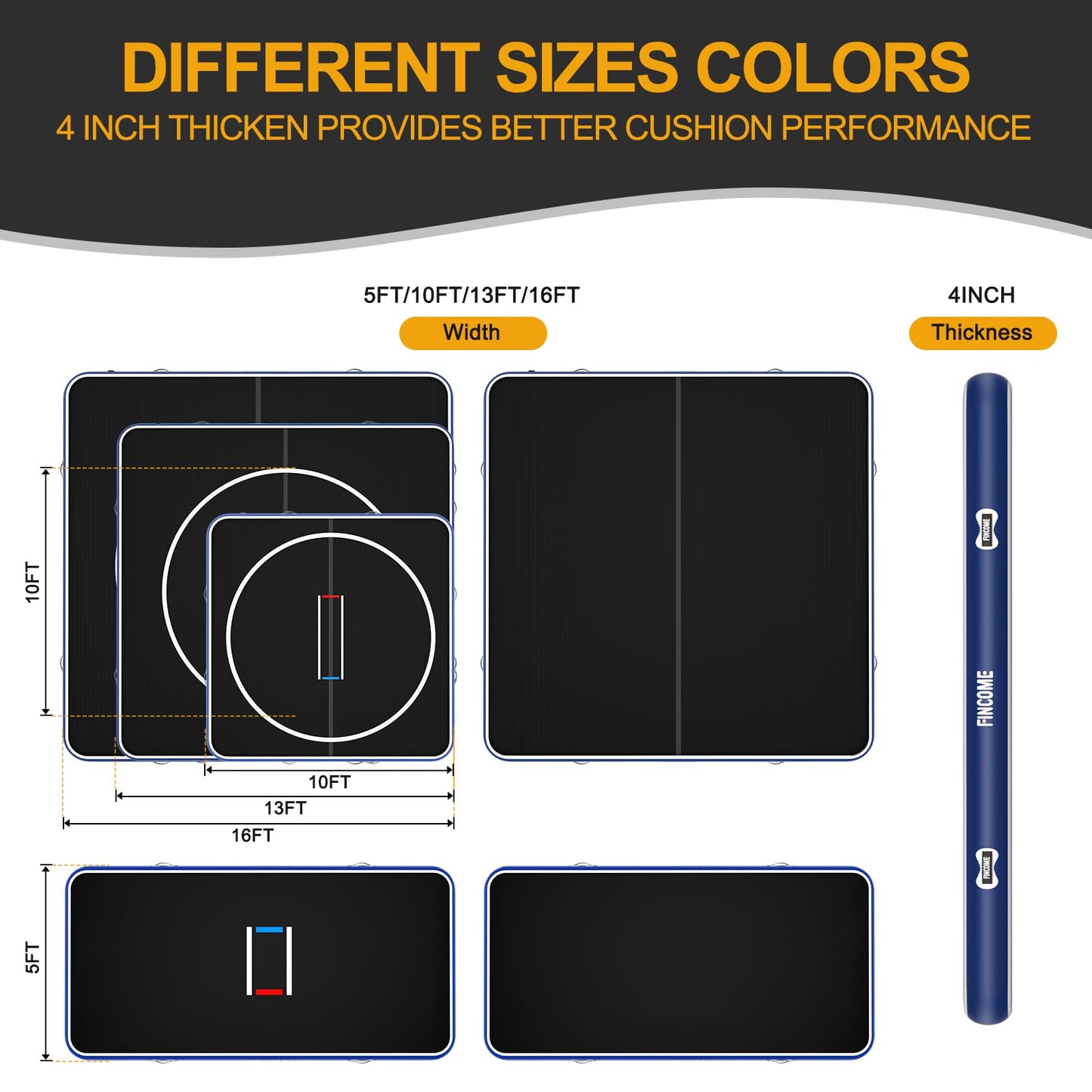 FINCOME Inflatable Wrestling Mat 16ft/13ft/10ft, 4" Thick Foldable Jiu Jitsu Mats Wrestling Mats for Home Outdoor Indoor, Waterproof PVC Mat for Gymnastics, BJJ, MMA, Grappling, Judo, Boxing, 10ft*10ft*4inch,Blue