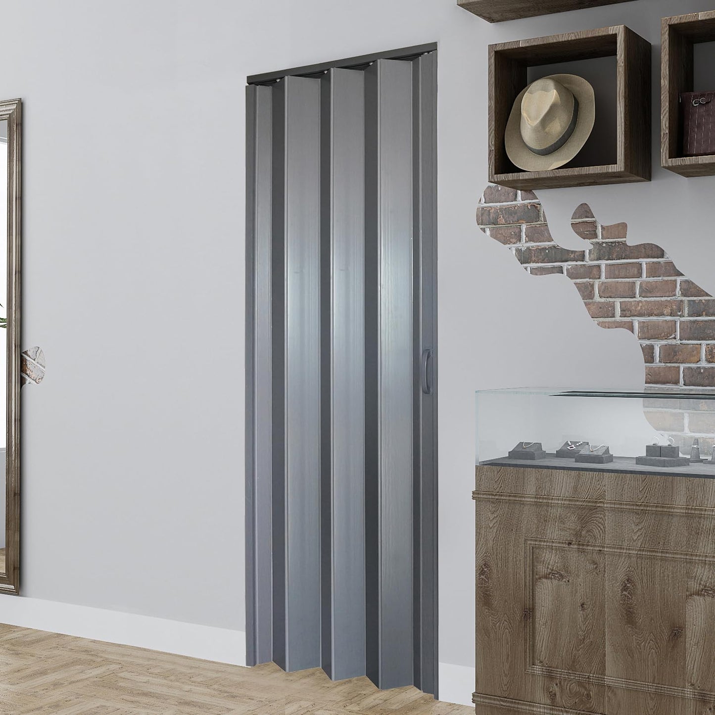 DIYHD 30X96in Interior Folding PVC Accordion Door,Grey,Include Door and Mounting Hardware,Handle,Latch,Folded Width 4-7/8"
