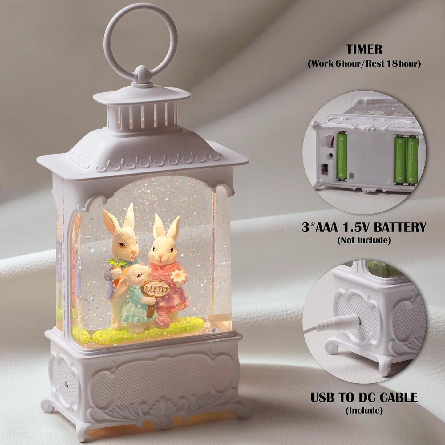 Skiennix Easter Snow Globe - Bunny Lantern with Timer | USB & Battery Powered Home Decor - 10.2 Inch