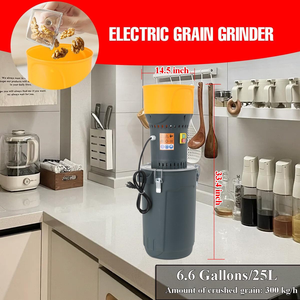 Grain Mill Corn Grinder, 1000w Electric Feed Grinder Mill Dust-Free Dry Cereals Grinder with Detachable Hopper & 5 Sieves for for Wheat Corn Grain Spice Coffee Beans 6.6 Gallons (25L)