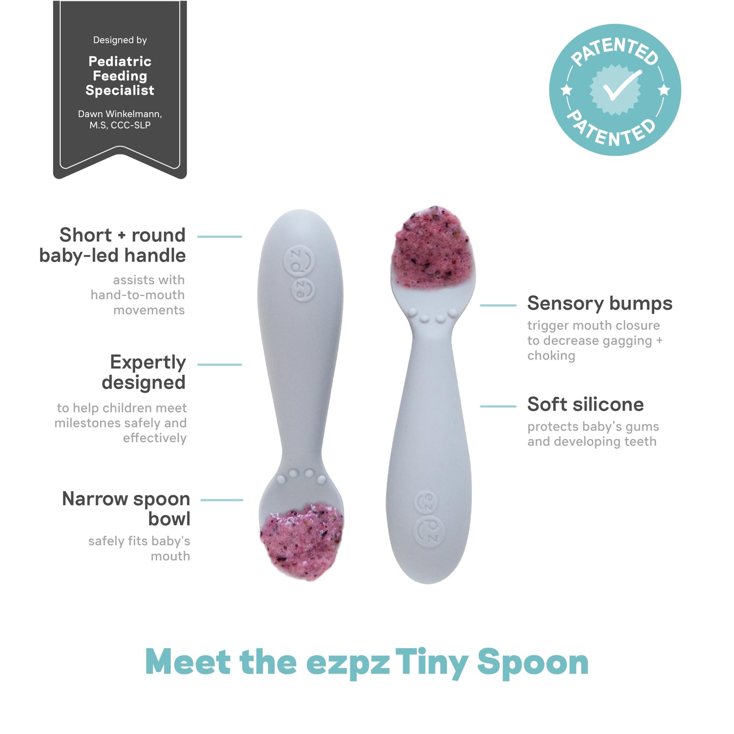 ezpz Tiny Cup (Pewter) + Tiny Spoon (2 Pack in Pewter) - baby essentials, cup and spoon