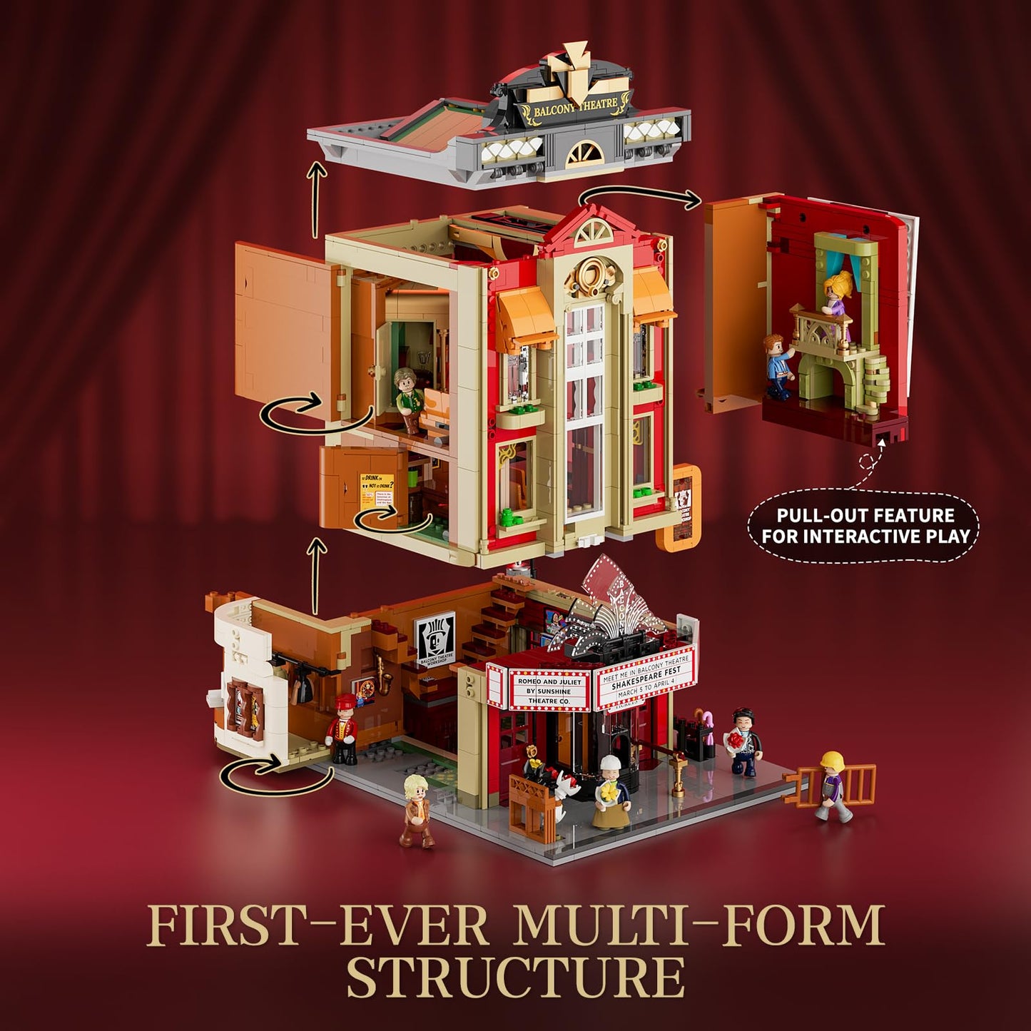 FUNWHOLE Balcony-Theatre Lighting Building-Bricks Set - City Town Creator House with LED Light Multi-Form Modular Collectible Display Kit 2445 Pcs for Adults and Movie Lovers