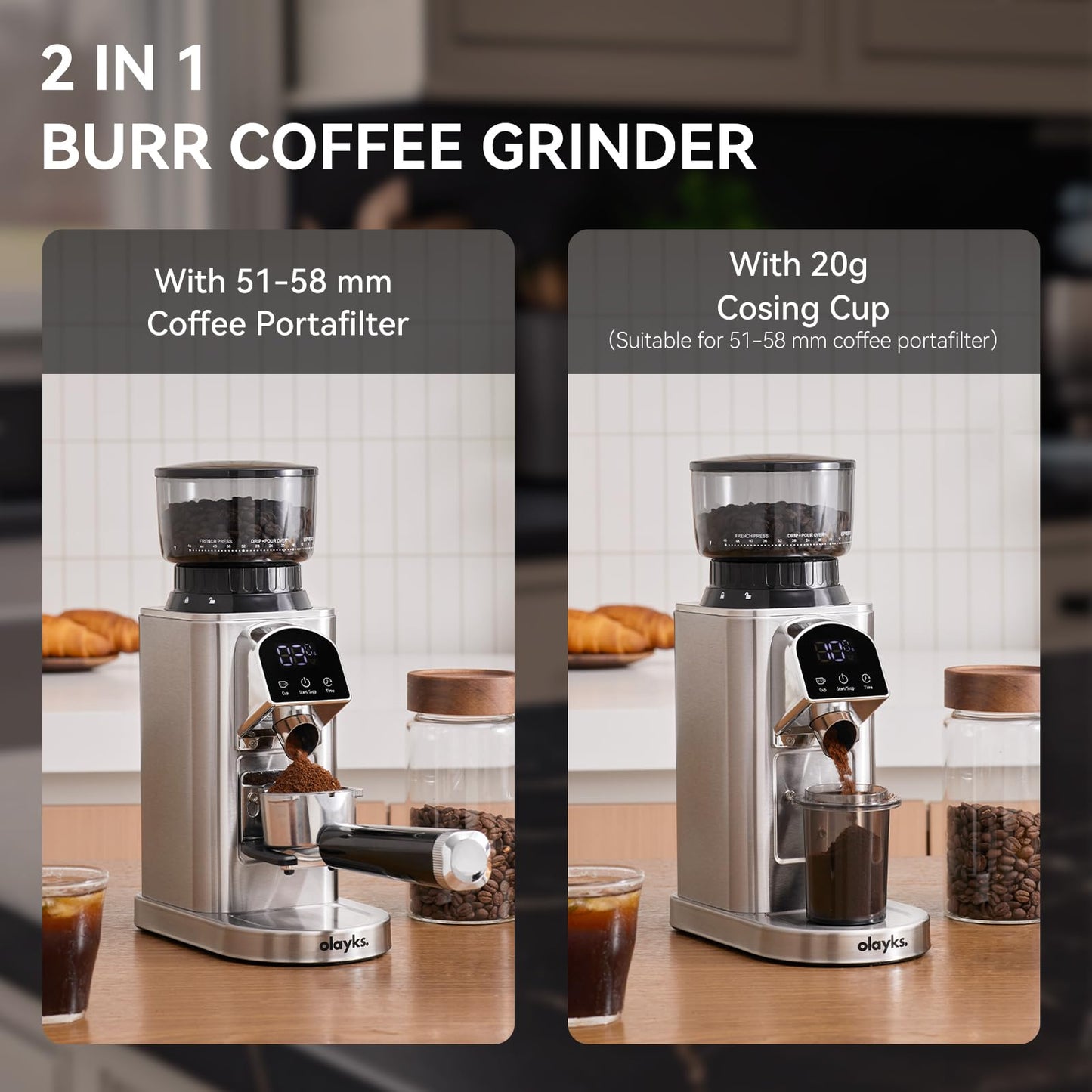 Olayks Conical Burr Coffee Grinder Electric with Electronic Timer, Anti-Static, Coffee Grinders for Home Use, Adjustable Conical Burr Mill with 48 Precise Settings for Espersso/Drip/French Press