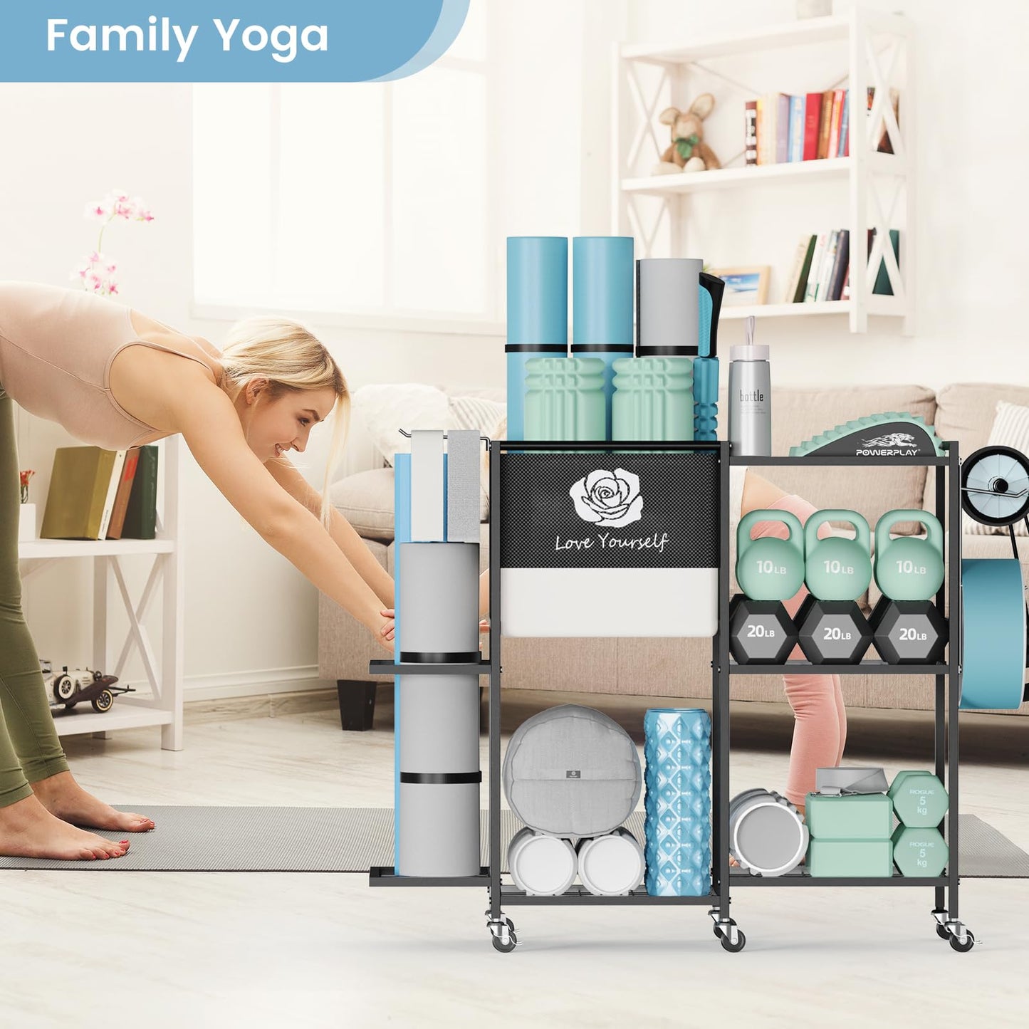 Yoga Mat Storage Rack，Home Gym Storage Rack Gym Workout Equipment Storage Organizer Fitness Weight Rack on Wheels for Yoga Mat,Yoga Block,Foam Roller,Resistance Band,Dumbbell,Kettlebell (Large Dark)