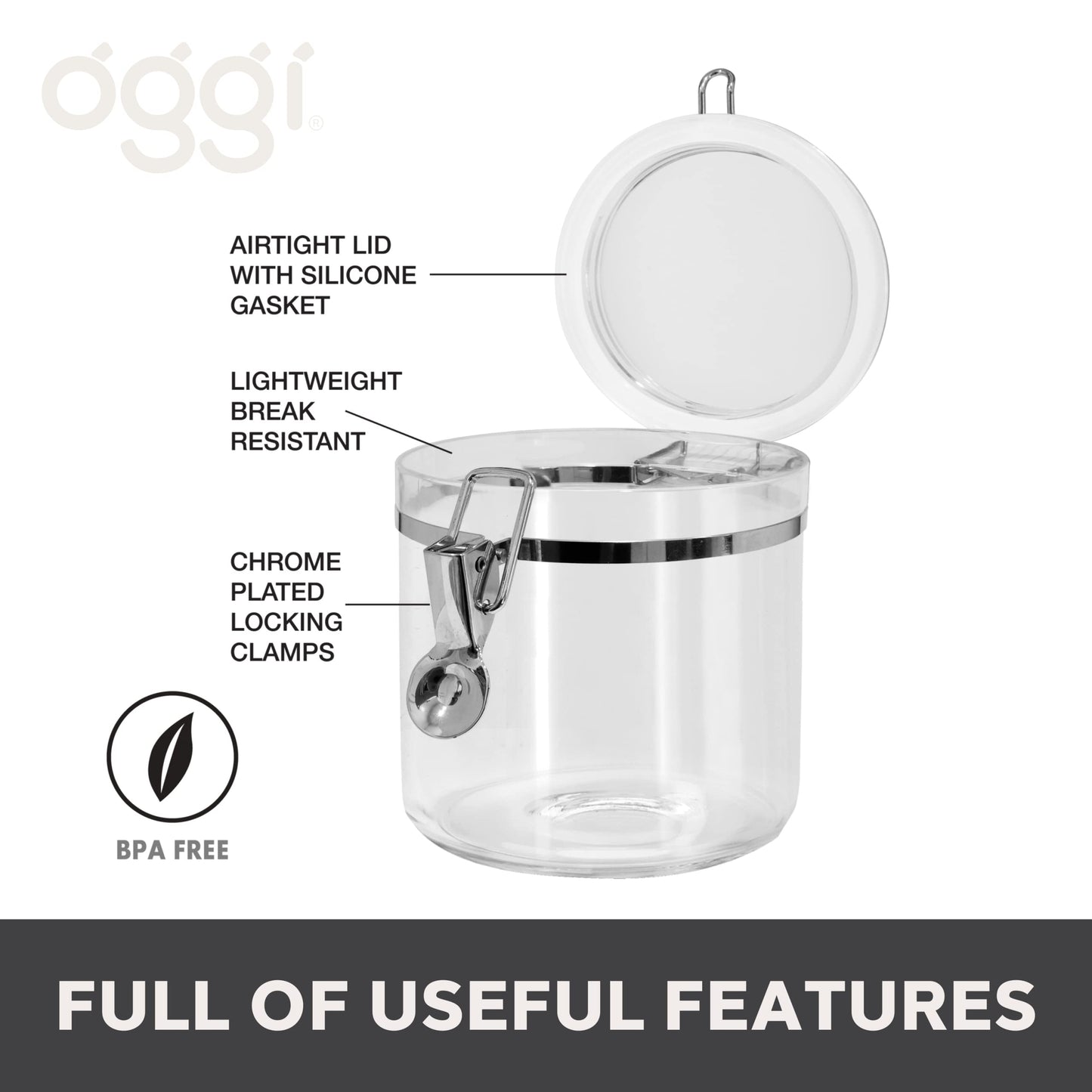 Oggi Clear Canister with Clamp Lid, 38 oz - Large Airtight Food Storage Container, for Kitchen & Pantry Storage of Bulk, Dry Foods Including Pasta, Flour, Sugar, Coffee, Rice, Tea, Spices & Herbs
