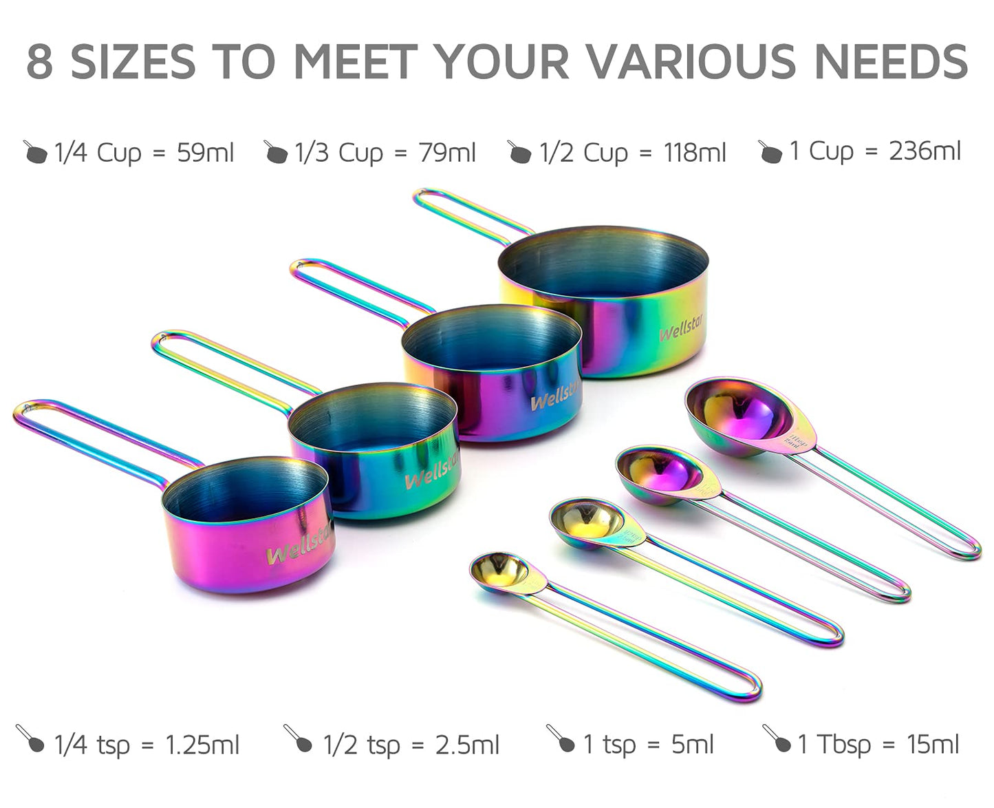 WELLSTAR Measuring Cups and Spoons Set of 8, Food Grade 18/8 Stainless Steel Measure set for Dry Liquid Measurement, Rainbow Titanium Coated Kitchen Gadgets for Cooking Baking, 4 Cup and 4 Spoon