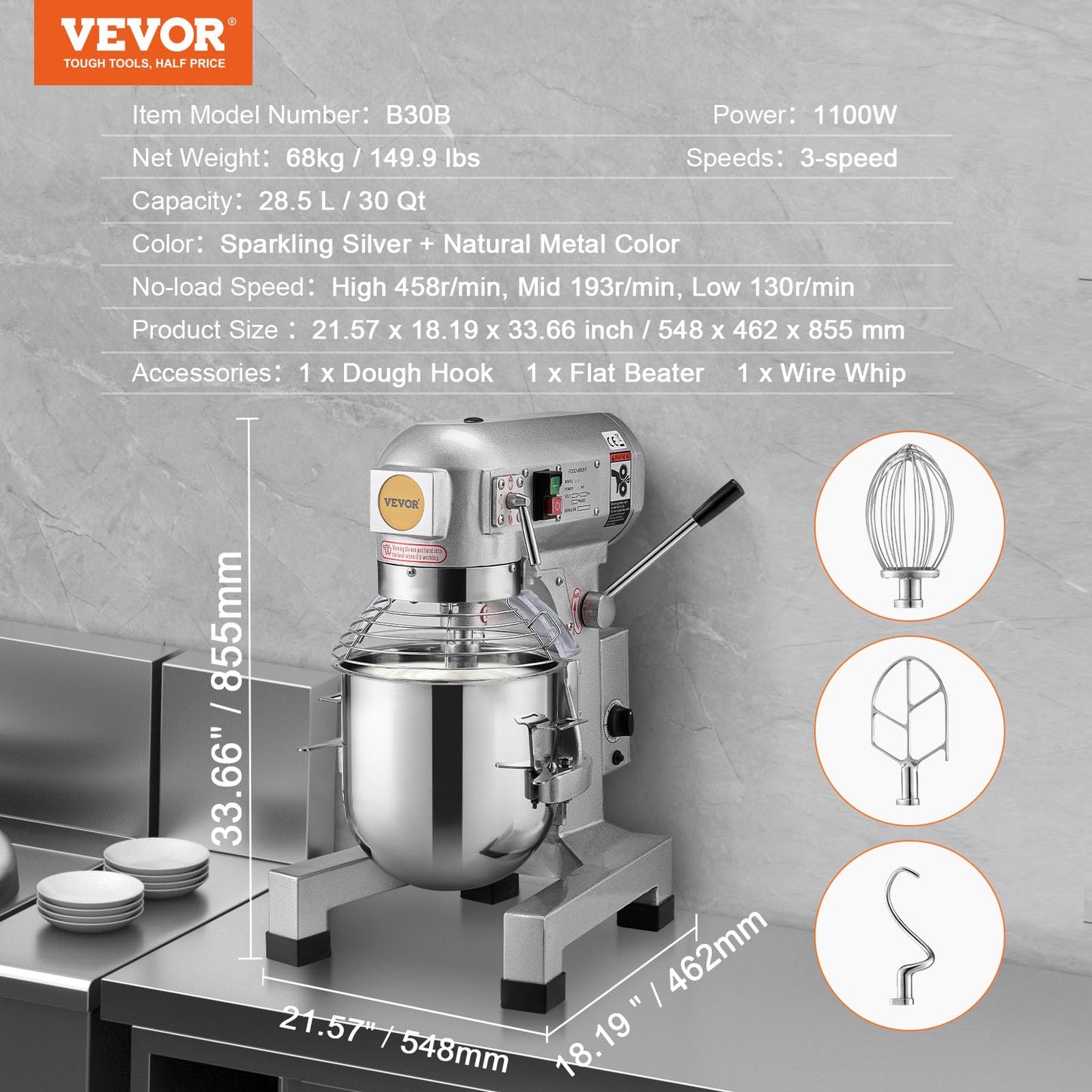 VEVOR Commercial Food Mixer 30Qt, Commercial Mixer with 3 Adjustable Speeds, 1100W Dough Mixer,Commercial Stand Mixer with Stainless Steel Bowl