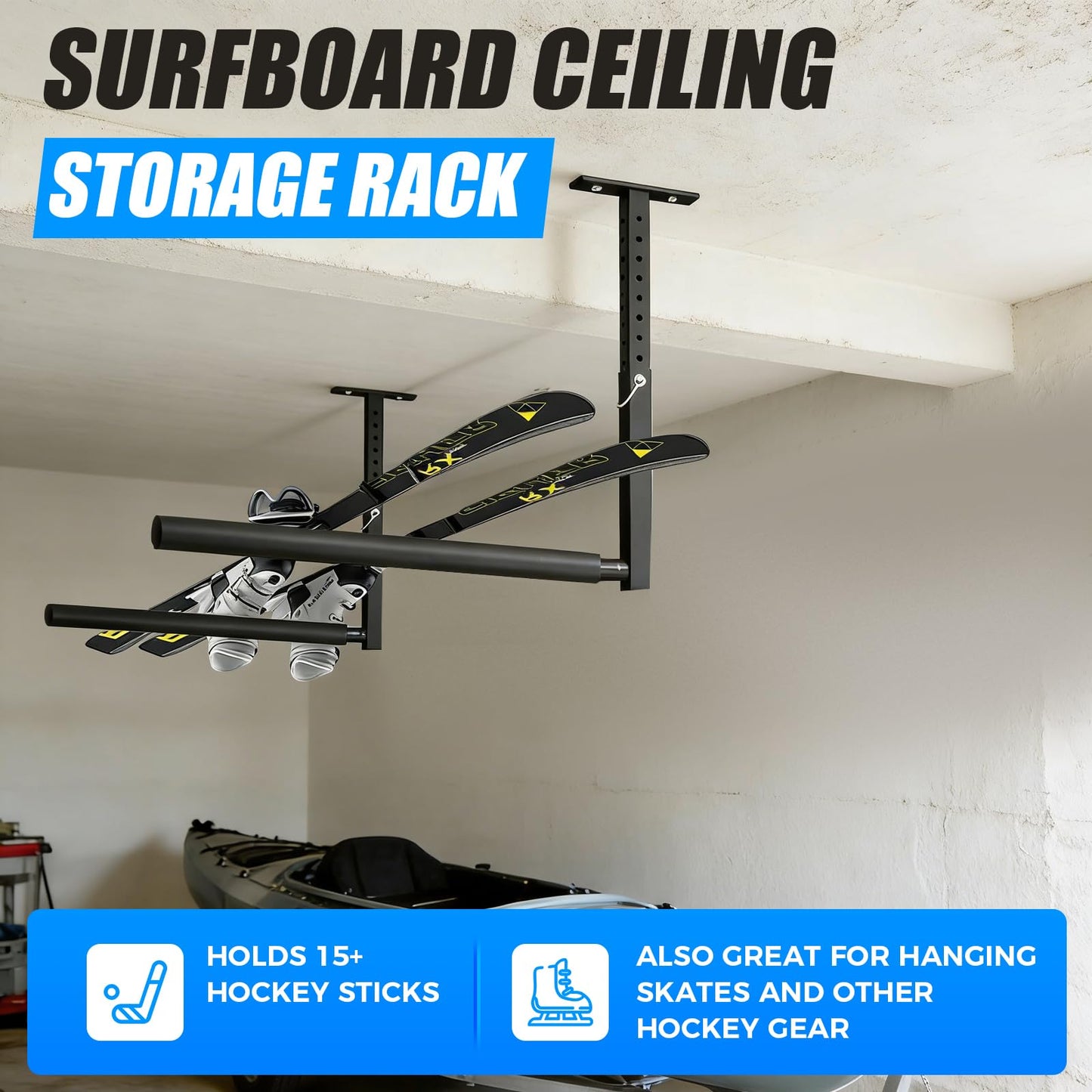 LLNYFL Stainless Steel Ceiling Storage Rack, 10"-18" Height Adjustable,Kayak Overhead Garage Storage Rack, Holds 100 lbs, for High-Altitude Storage of Kayaks, Surfboards, Canoes, Skis, and Ladders