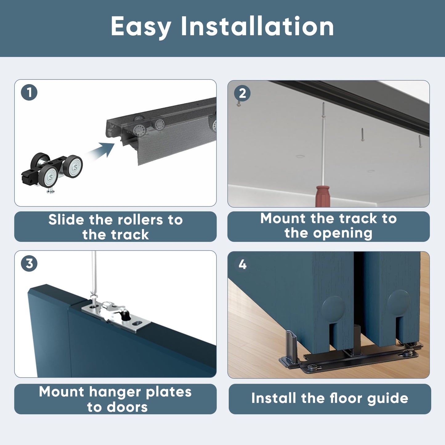 JUBEST 4FT Heavy Duty Bypass Door Hardware with Finger Pulls,Sturdy Aluminum Sliding Closet Door Track for 2 door System,Quietly and Smoothly,Fit Door Thickness 1 3/8" or 1 3/4",Easy to Install, Black