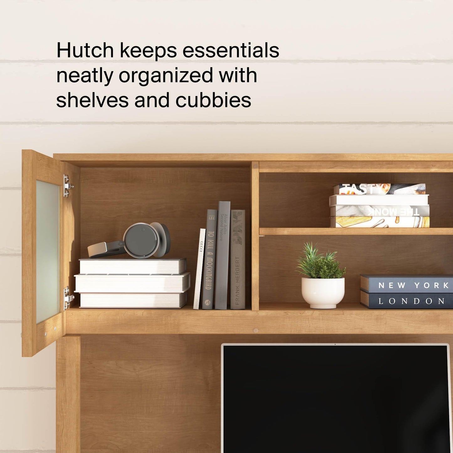 Bush Home 60-Inch Desk Hutch, Office Storage Organizer with Shelves, Cubbies and Frosted Glass Doors for Computer Desk, Home Office Furniture, Somerset Collection, Maple Cross
