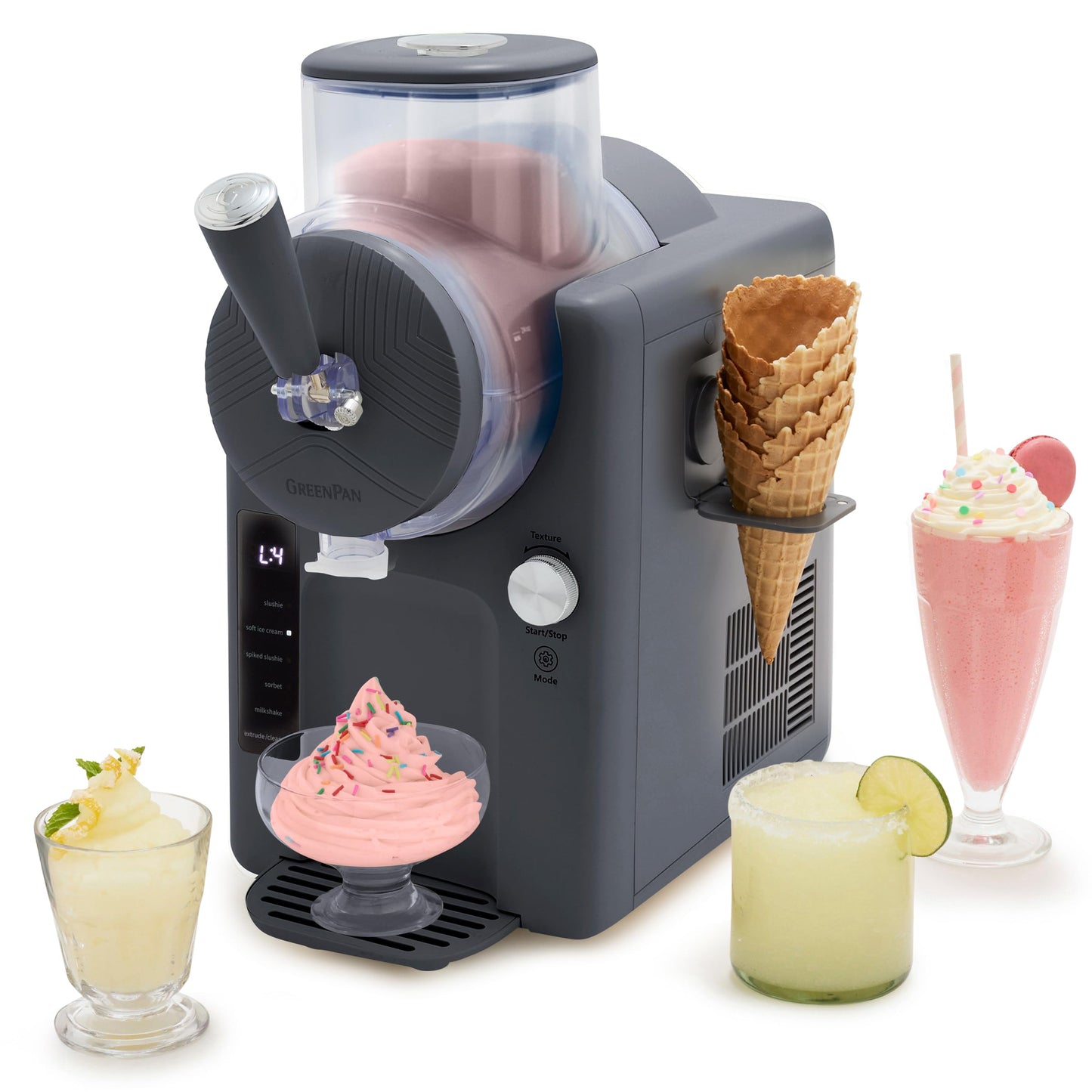 GreenPan Frost Ice Cream Maker & Slushie Machine, Soft Serve, Sorbet, Margaritas, Milkshakes, Frozen Yogurt, No Pre-Freezing, Ready in 15 Mins, 6 Modes, 7 Textures, Self-Cleaning, Family Size, Gray