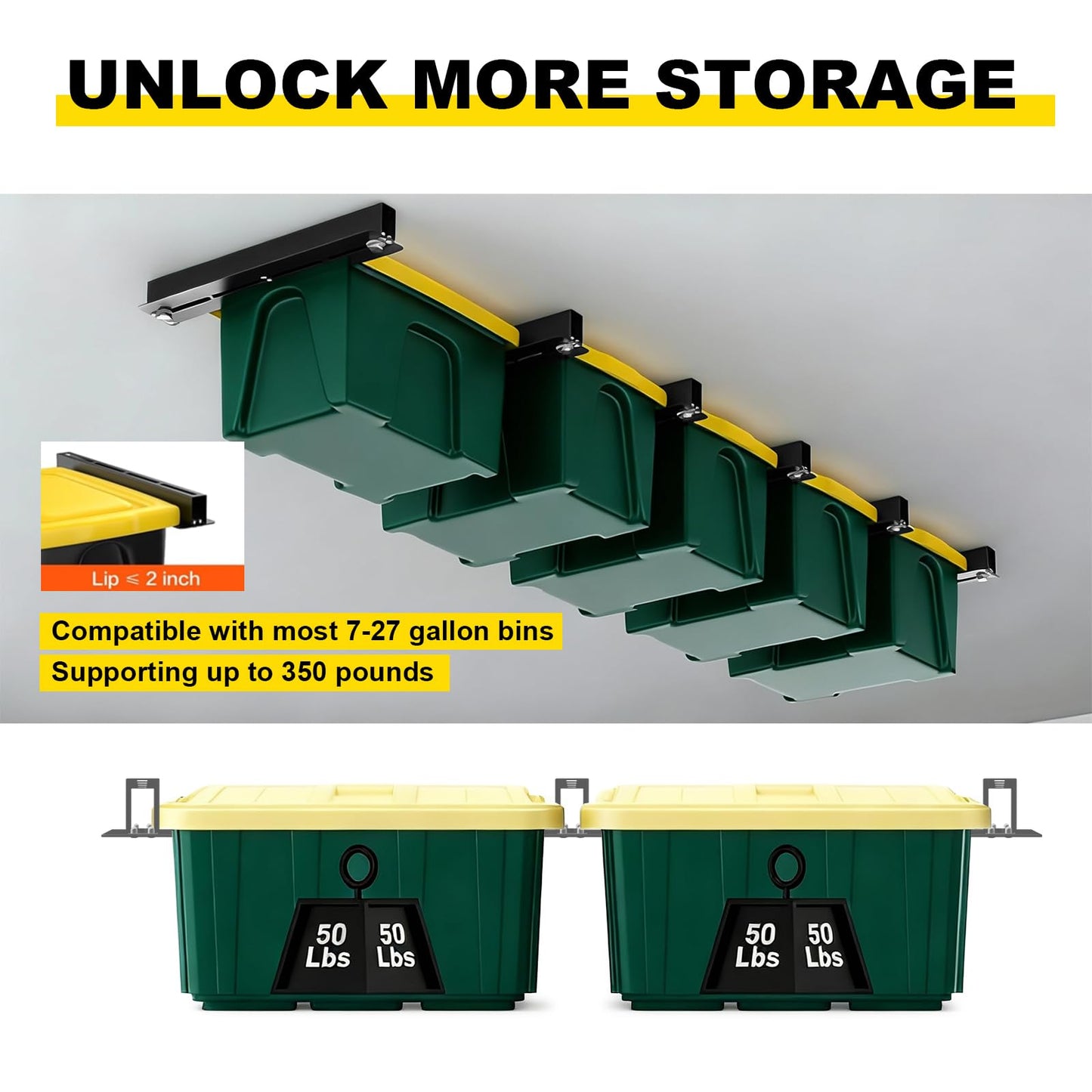 Yuleimy Overhead Garage Storage Rack for 27 Gallon Totes (6-Pack for 3 Bins), Heavy Duty Metal Ceiling Mount Hanging Bin Rails, Adjustable Storage Track System for Workspace Organization