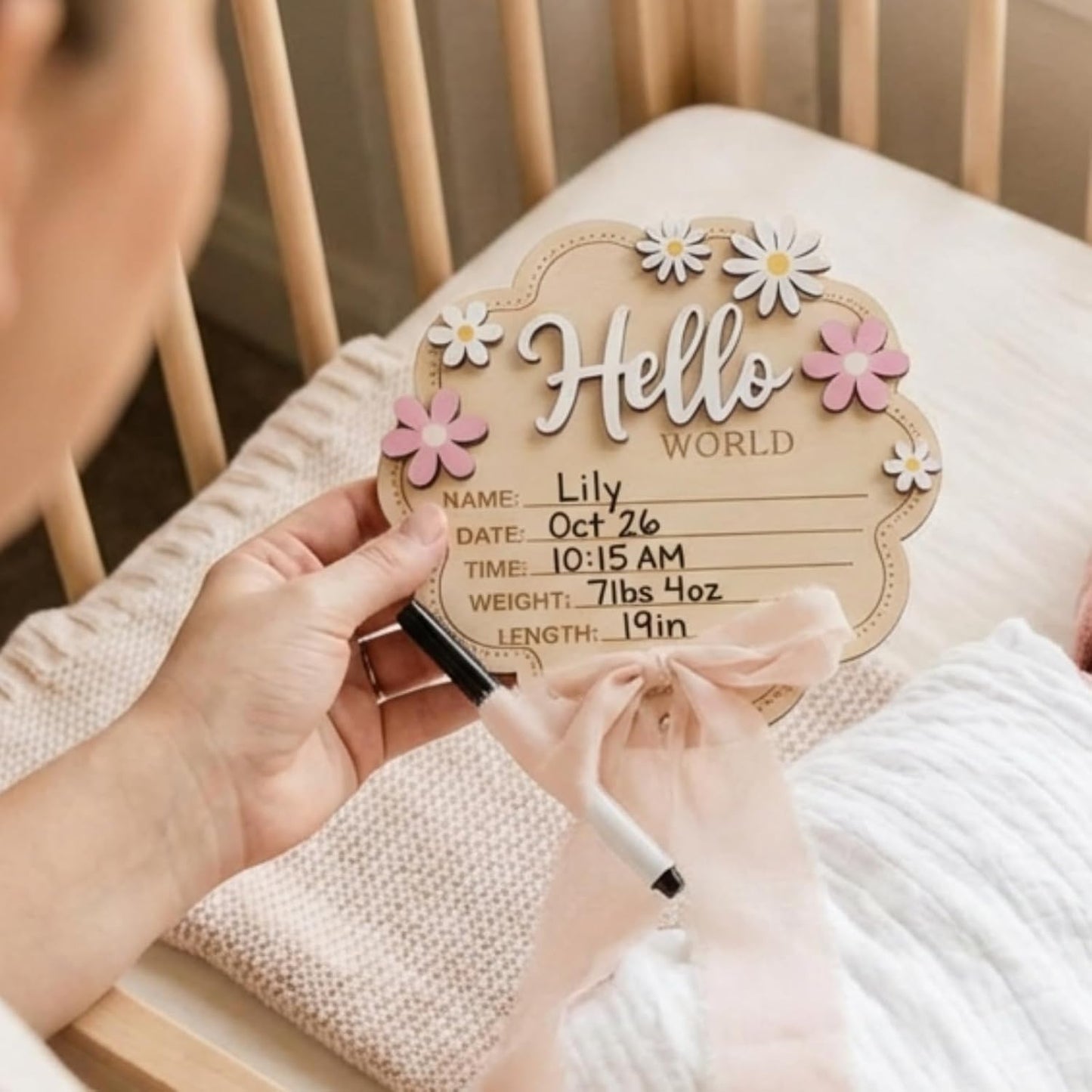 1-12 Amyhill Pink Bow Baby Announcement Sign Wooden Monthly Milestone Blocks with Number Hello World Newborn Signs Pink