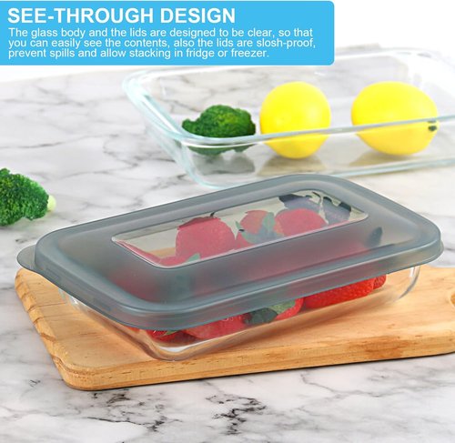 KOMUEE Glass Baking Dish Set - 8 Pieces Rectangular Bakeware with Lids for Lasagna & Leftovers | Gray