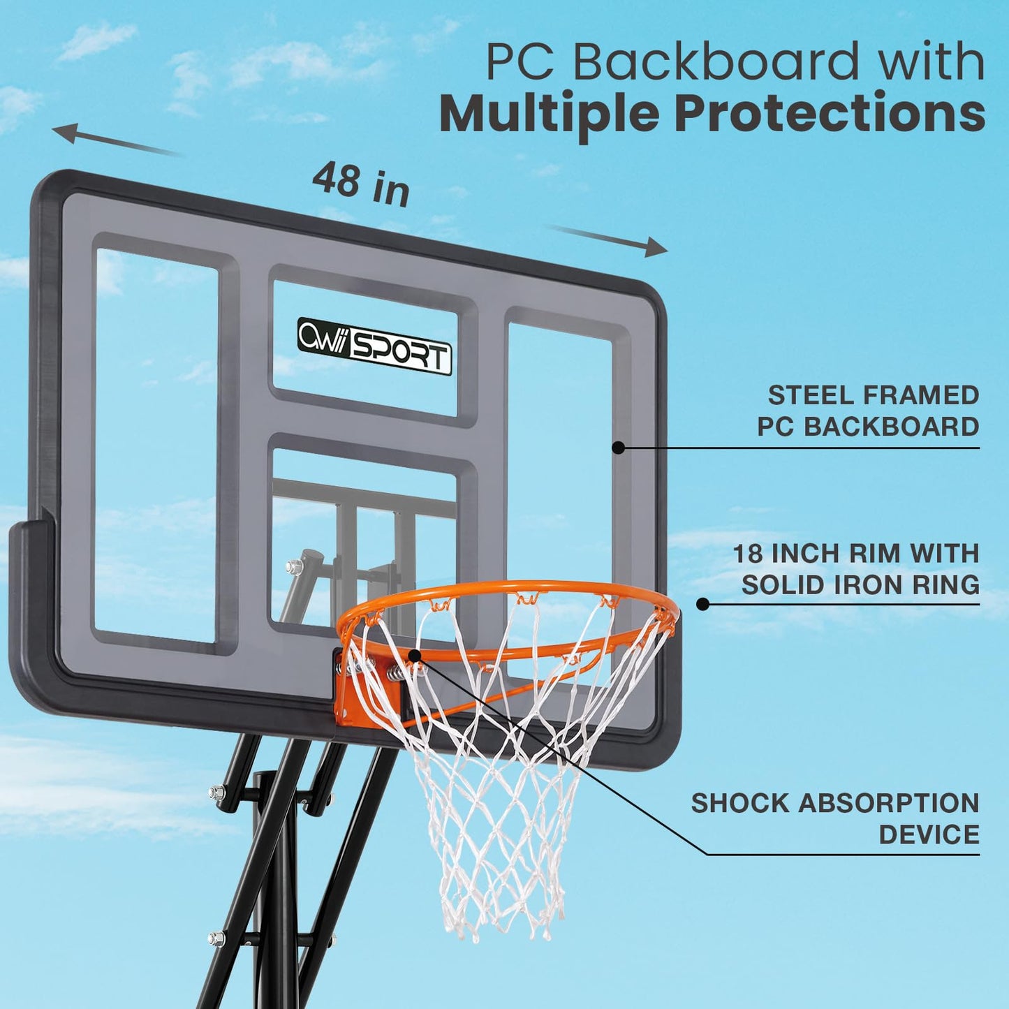 AWII SPORT Basketball Hoop Outdoor 48Inch Impact Backboard, 5.3-10FT Height Adjustable Basketball Hoop Goal System with Portable Wheels for Adults (Black, 48inch Backboard)