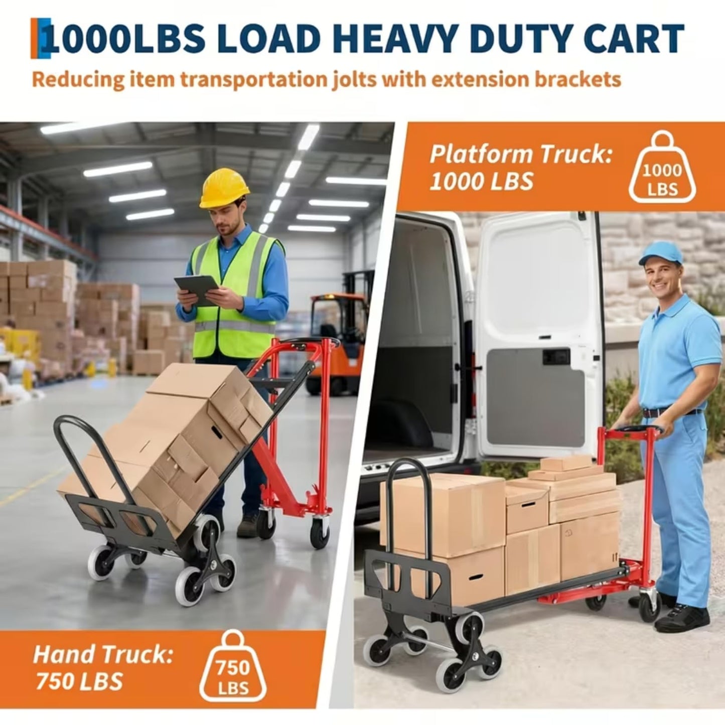 Heavy Duty Stair Climbing Hand Truck - 1000 LBS Capacity 4-in-1 Convertible Dolly Cart, Foldable Platform Utility Cart for Moving Boxes, Industrial Grade Steel Construction(Orange)