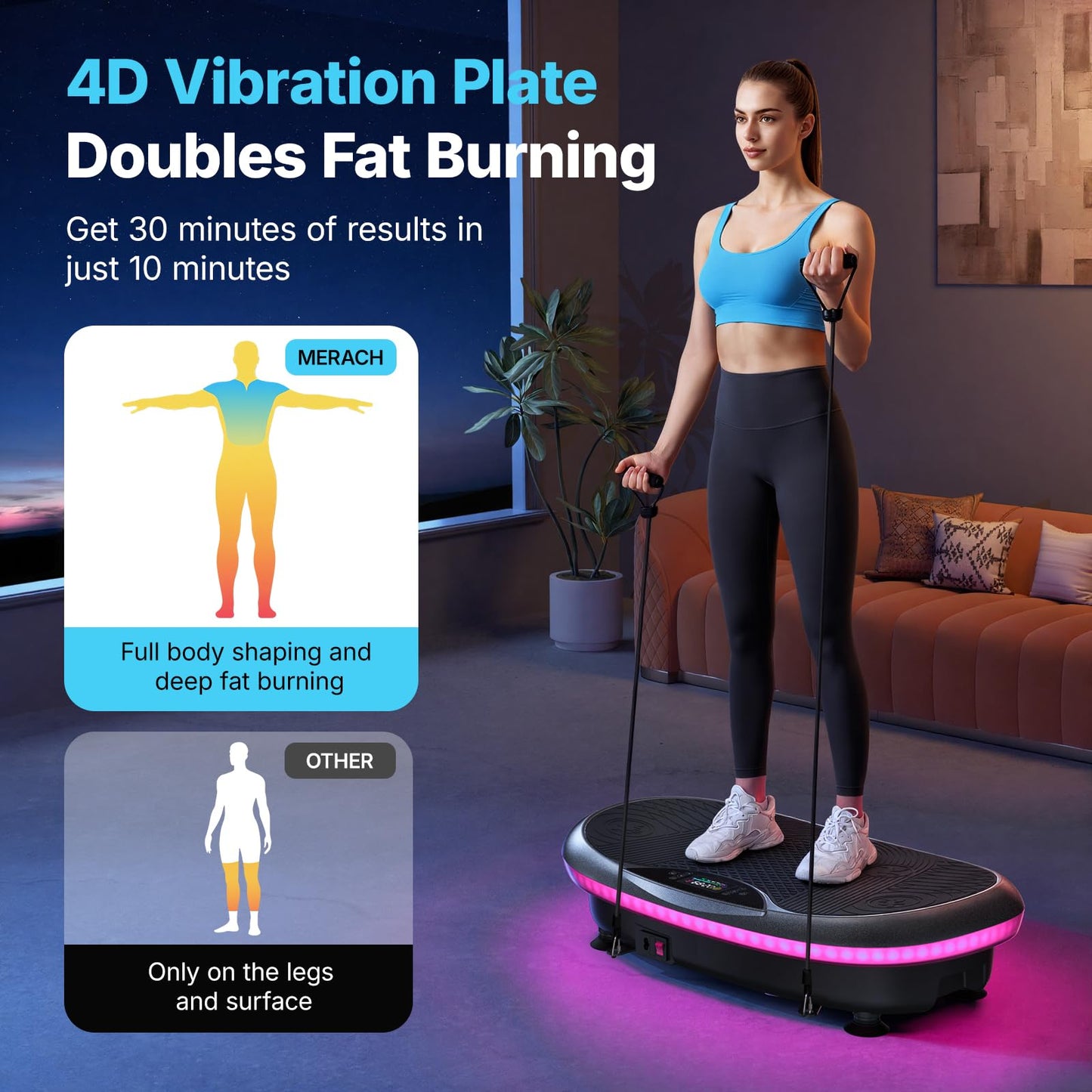 MERACH Vibration Plate Exercise Machine, 4D Whole Body Workout Vibrating Platform for Lymphatic Drainage Weight Loss Muscle Activation, Home Fitness Equipment with Bluetooth Light Pull Cord (Black)