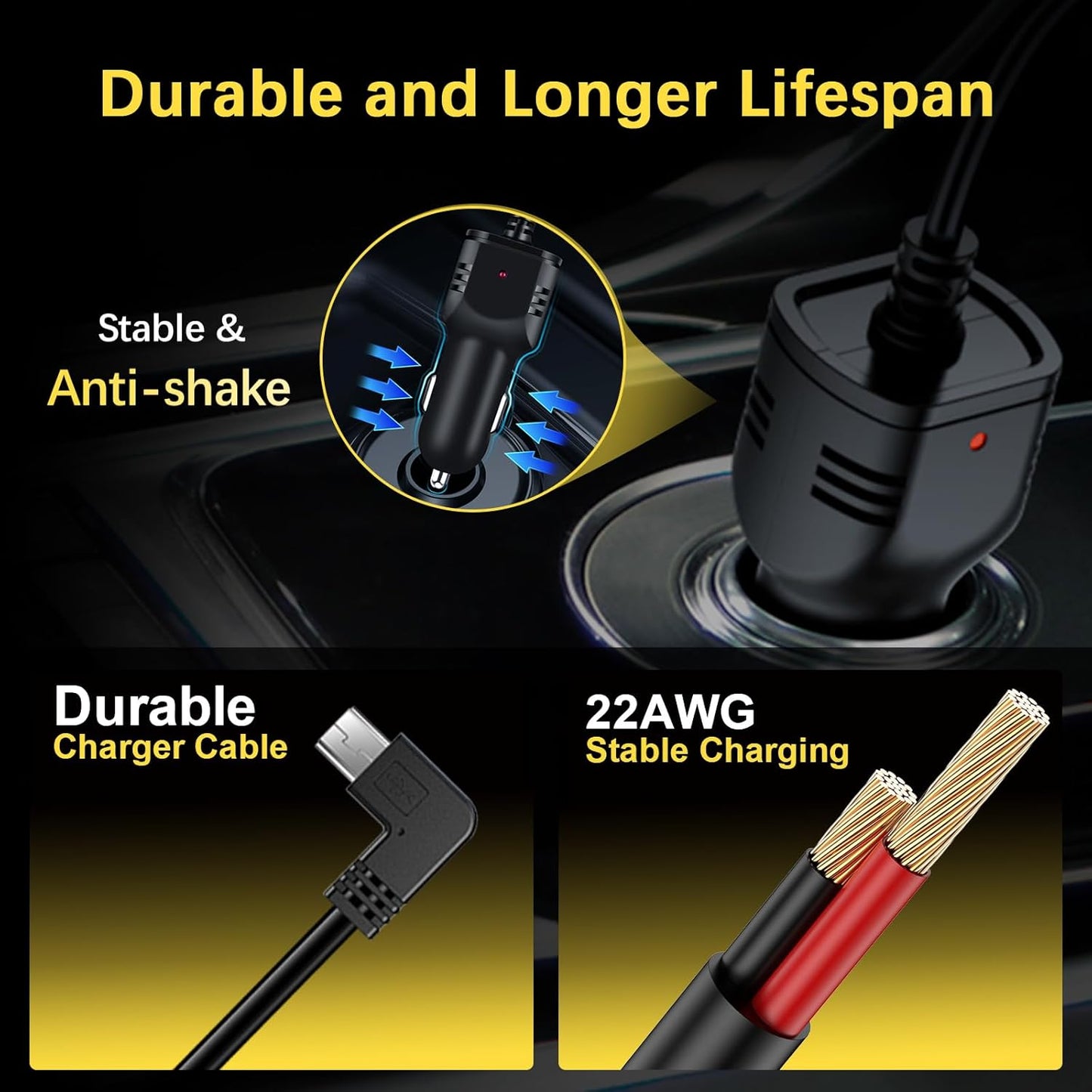 Range Tour 4m/13.12ft 12V/24V DC5V 3A Dash Camera Car Charger, Mini USB and Micro USB Interfaces, L-Type Driving