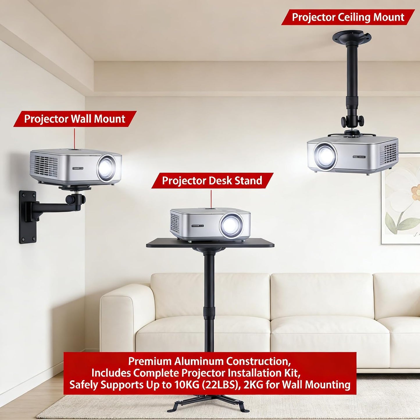 WINRIOO 14-24 in,4-Hole Universal Projector Ceiling Mount Adjustable Length & Single-Hole Compatible Bracket for Home