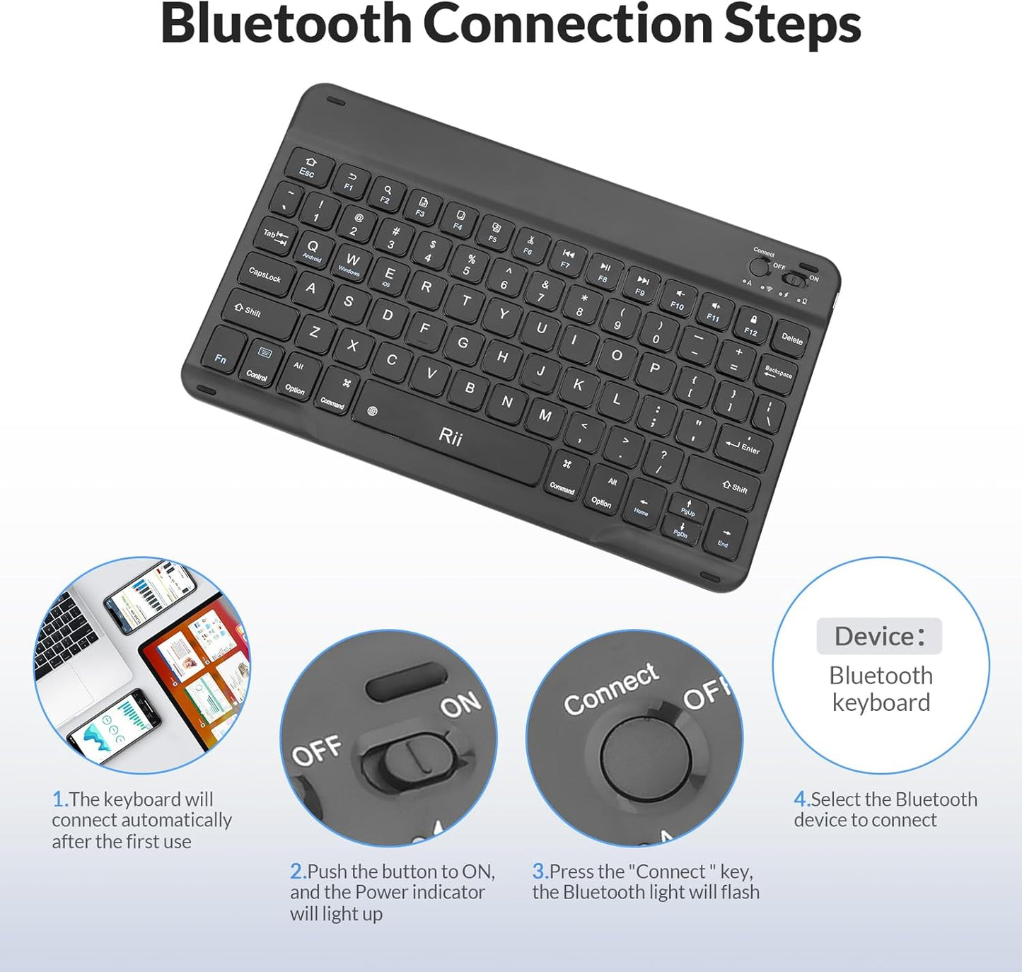 Rii RK302 Ultra-Slim Bluetooth Keyboard for ipad,iPhone,Android,Samsung,Windows,Mac,Linux,Tablet,Laptop, Rechargeable