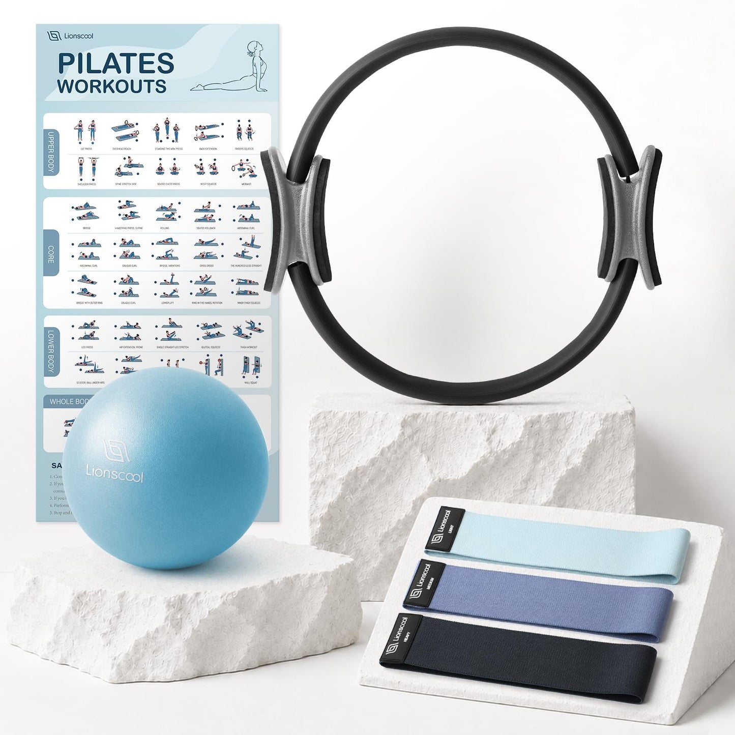 LIONSCOOL Pilates Ring Set (Black) - 14" Anti-Deformation Magic Circle with Padded Handles, 9" Mini Ball, Non-Slip Fabric Resistance Bands, Guide & Bag