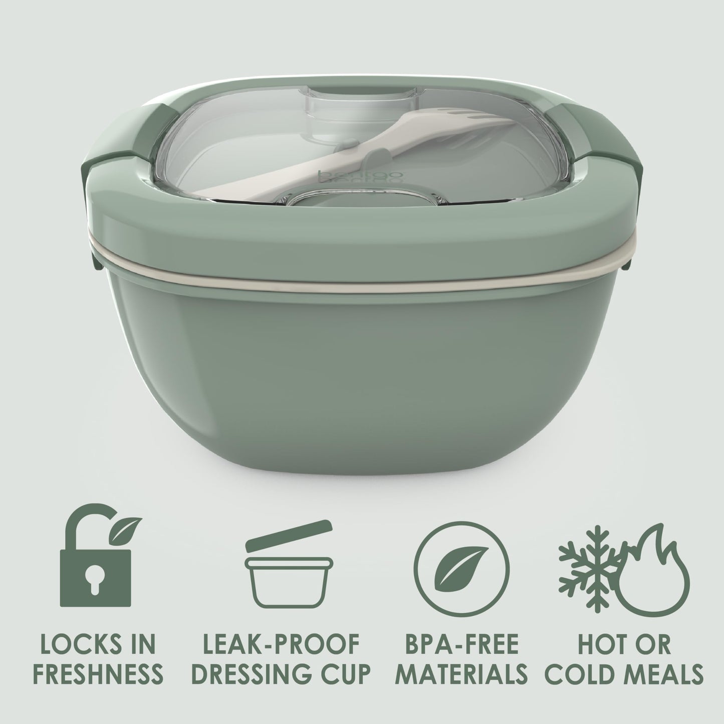 Bentgo Salad Container - 54 oz Bowl with 4-Compartment Toppings Tray, Leak-Proof Dressing Container, Reusable Fork, BPA-Free Lunch Box for Meal Prep & Food Storage; Removable Bento Tray (Khaki Green)