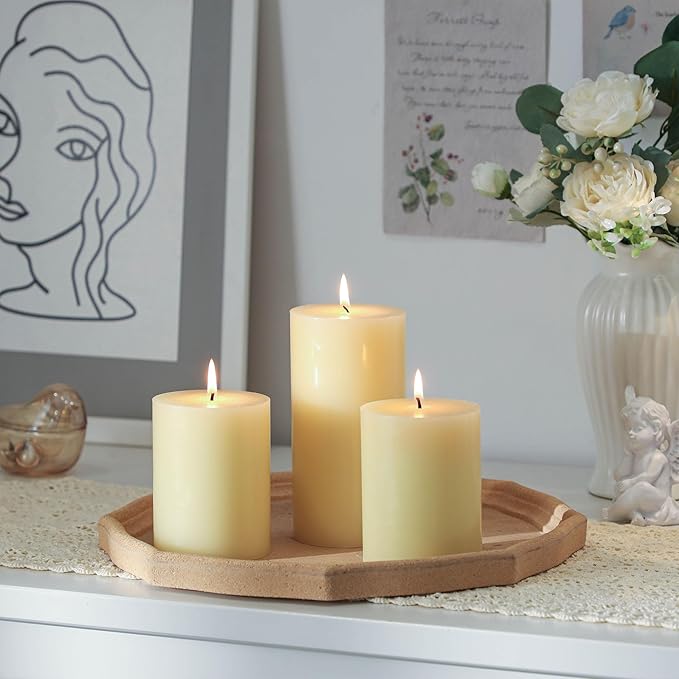3x4 Inch Ivory Pillar Candles Set of 3 - Decorative Unscented Pillar Candles, Long Burning Dripless Candles for Table Decor, Smokeless Large Pillar Candles for Wedding, Dinner, Rustic Home Decor