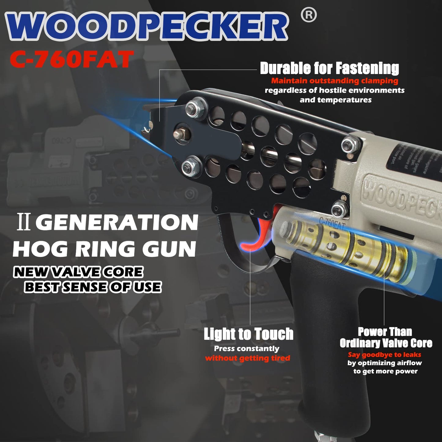 WOODPECKER C-760FA 16 Guage Pneumatic Hog Ring Gun, Standard 3.0 mm to 4.8 mm Closure Diameter, 1/2-Inch Crown Hog Ring Staples, Air Hog Ring Plier Tool for Wire Cages, Seat Making, Fencing