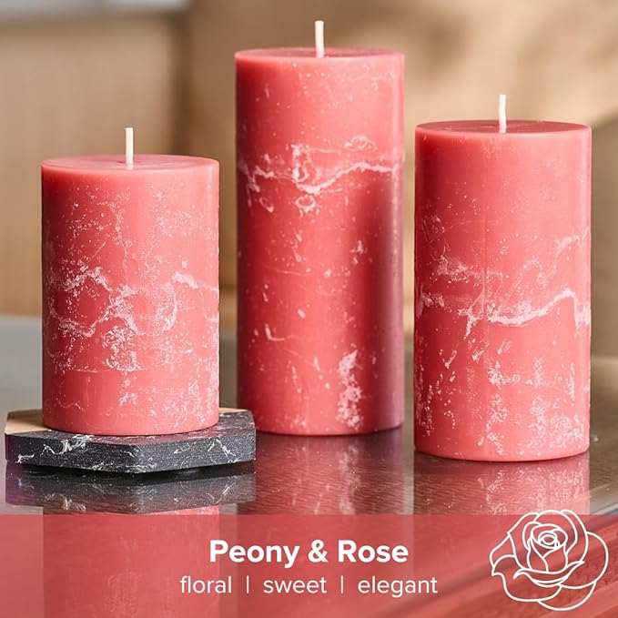 Simply Soson 3x6 inch Pink Rustic Peony and Rose Pillar Scented Candle - 3 Pack - for Home Decor, Aromatherapy, Weddings, Restaurants, Spa, Church