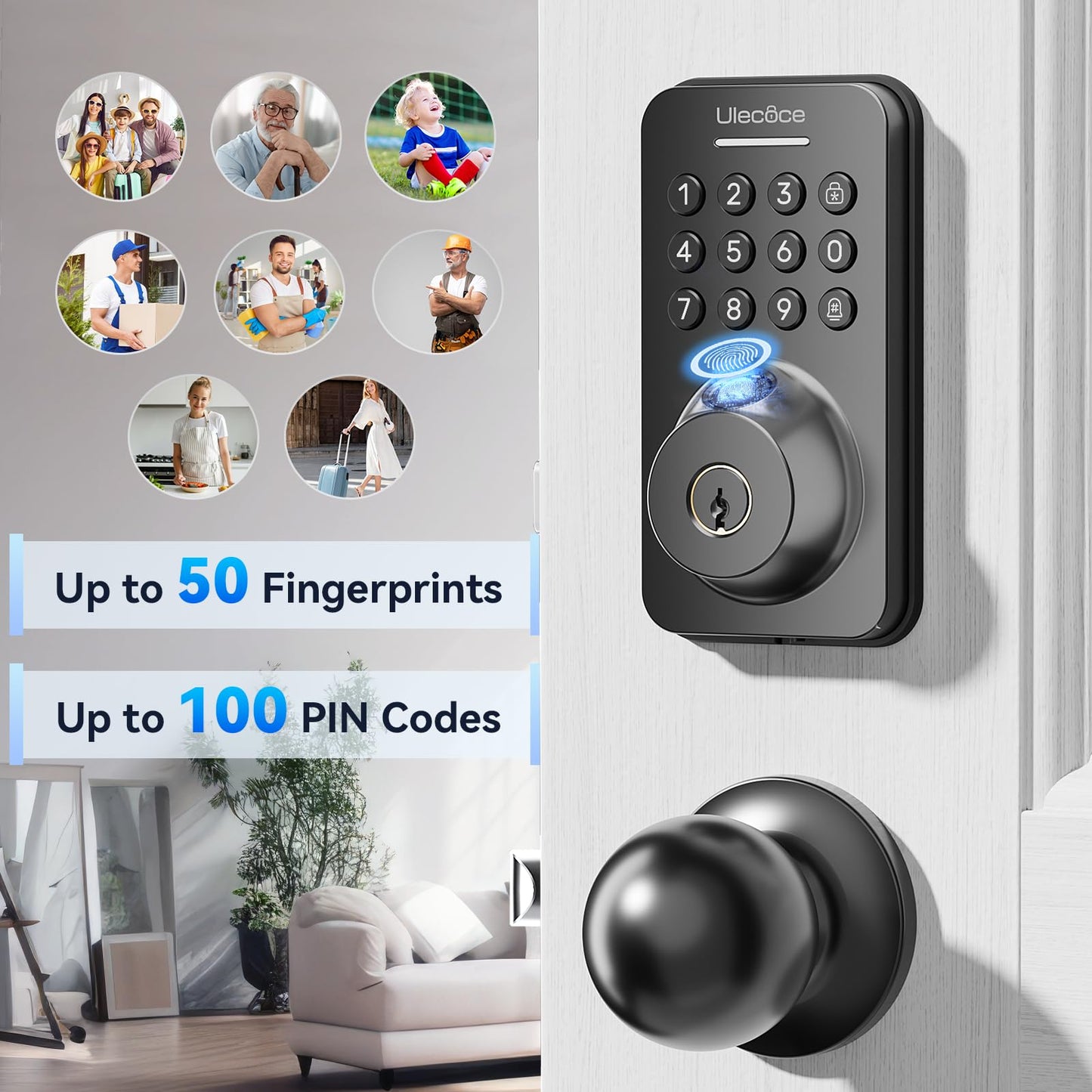 Ulecoce Fingerprint Keypad Deadbolt with Knob Set, Keyless Entry Door Lock with App Control, Door Locks for Front Door, Auto Lock＆One-Touch Lock, 100+ User Codes＆5 Keys, Easy Installation, Matte Black