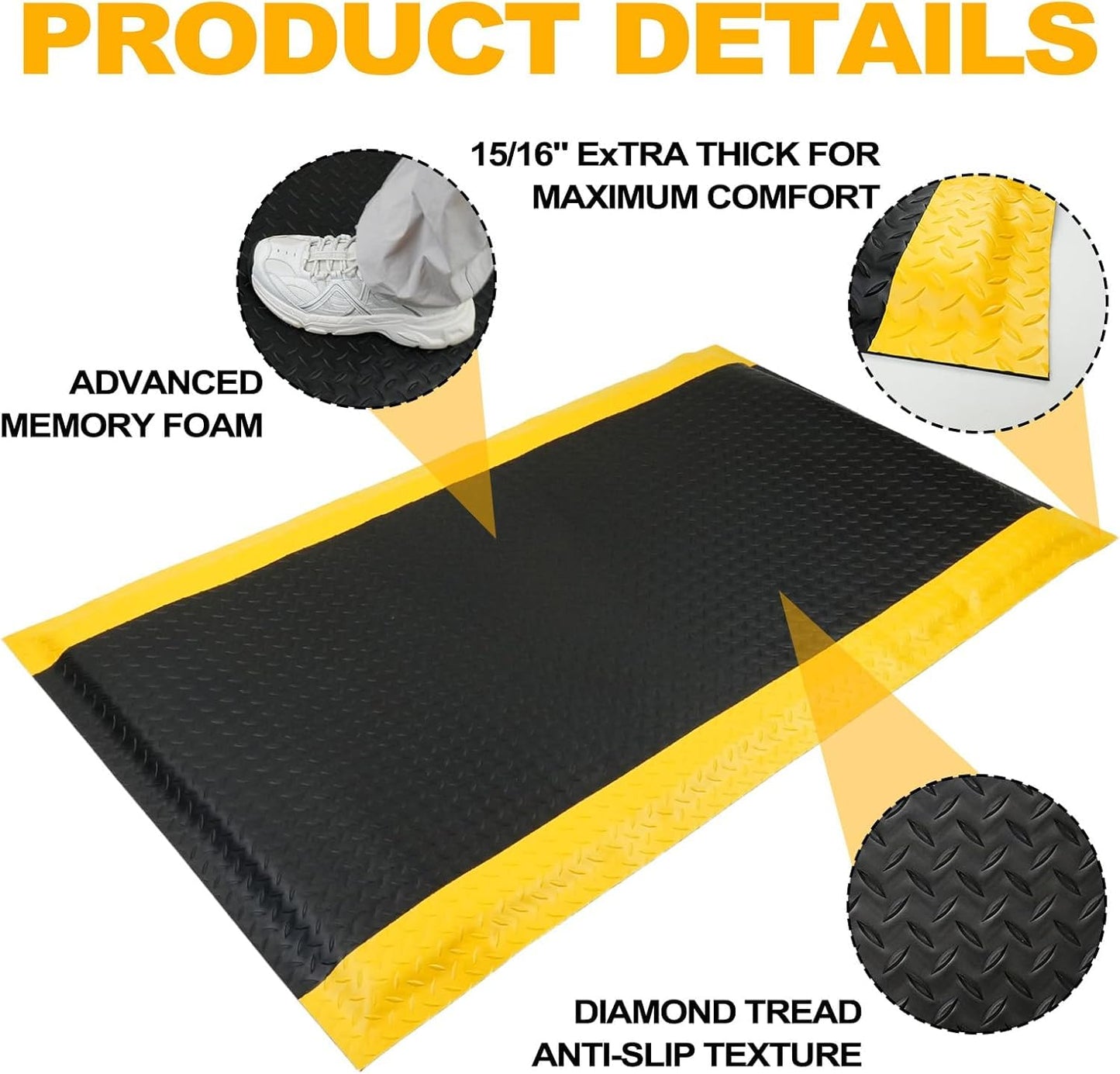 2 Pack 2 x 3 FT Industrial Anti Fatigue Mats, 15/16 Inch Thick Soft Sponge Ergonomic Mat, Nonslip Diamond Plate Work Mat, for Relieving Soreness in The Back and Legs