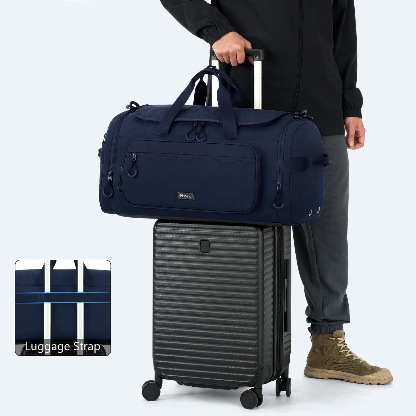 HanTrip Large Travel Duffle Gym Bag with Shoe Compartment, Underseat Carry On Luggage Overnight Weekender Personal Item Workout Bags for Women Men (Navy Blue)