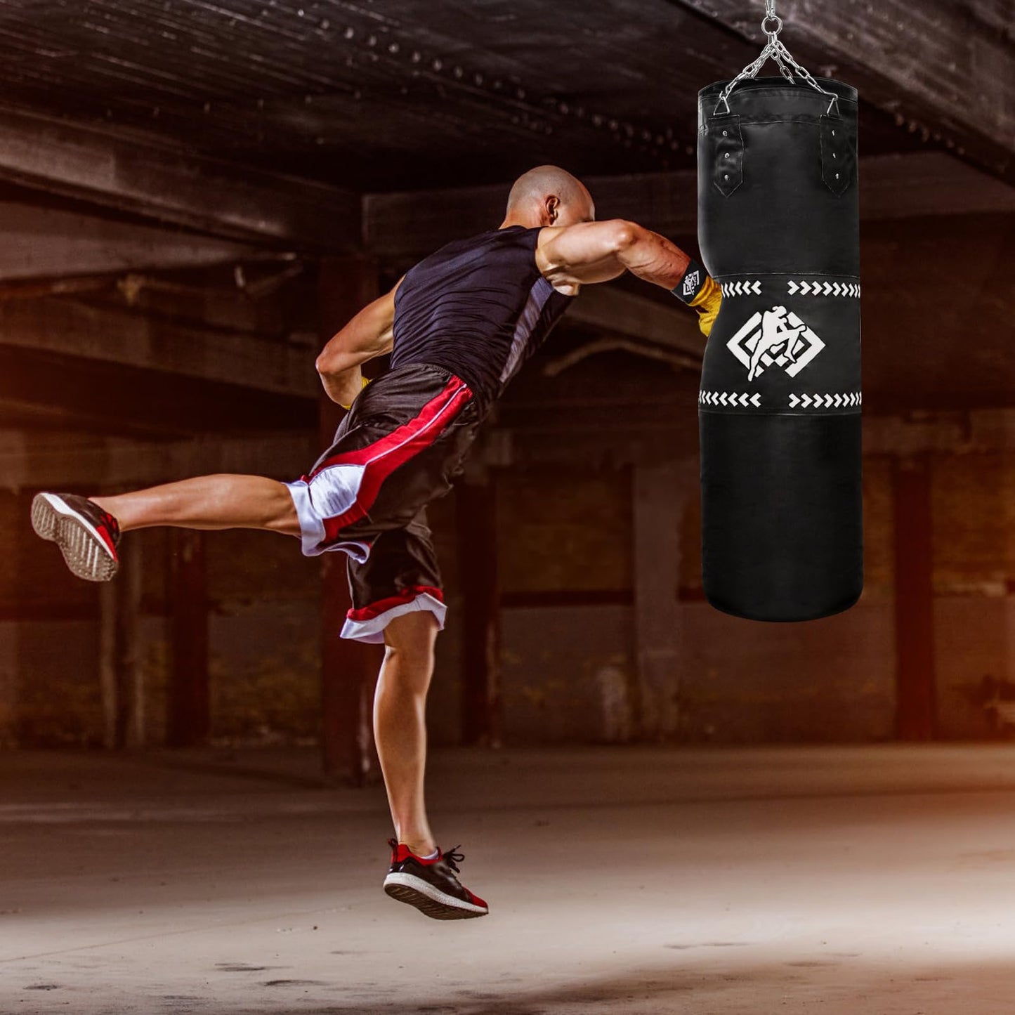 ZOOFOX Punching Bag for Adults, 4 Ft Heavy Bag with Chains and Hand Wraps for Beginners, 5-in-1 Boxing Bag for Kickboxing, MMA, Muay Thai, Karate, Home Gym or Fitness, Unfilled