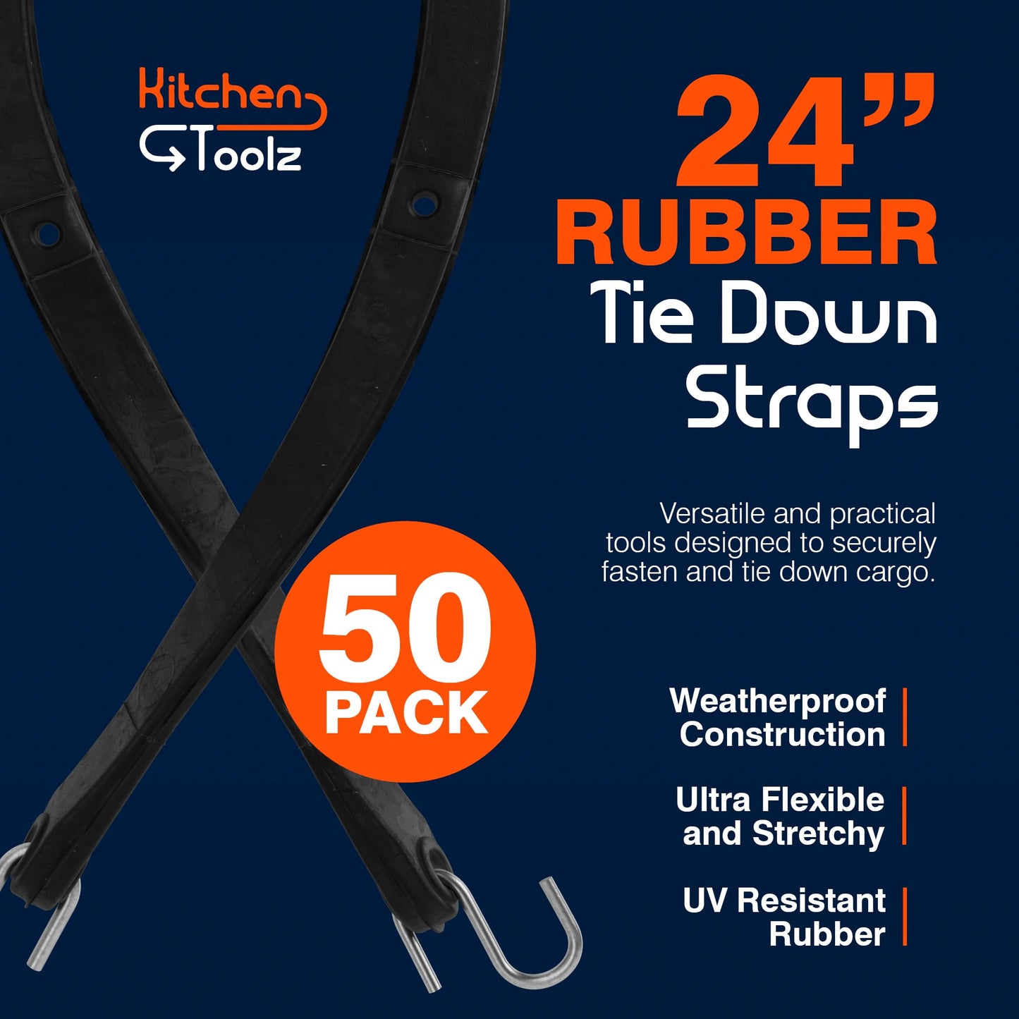 Rubber Bungee Cords with Hooks - 24 Inch Adjustable 50 Pack - Heavy Duty Outdoor Flatbed Tarp Straps Bungie Tie Downs - Natural Rubber