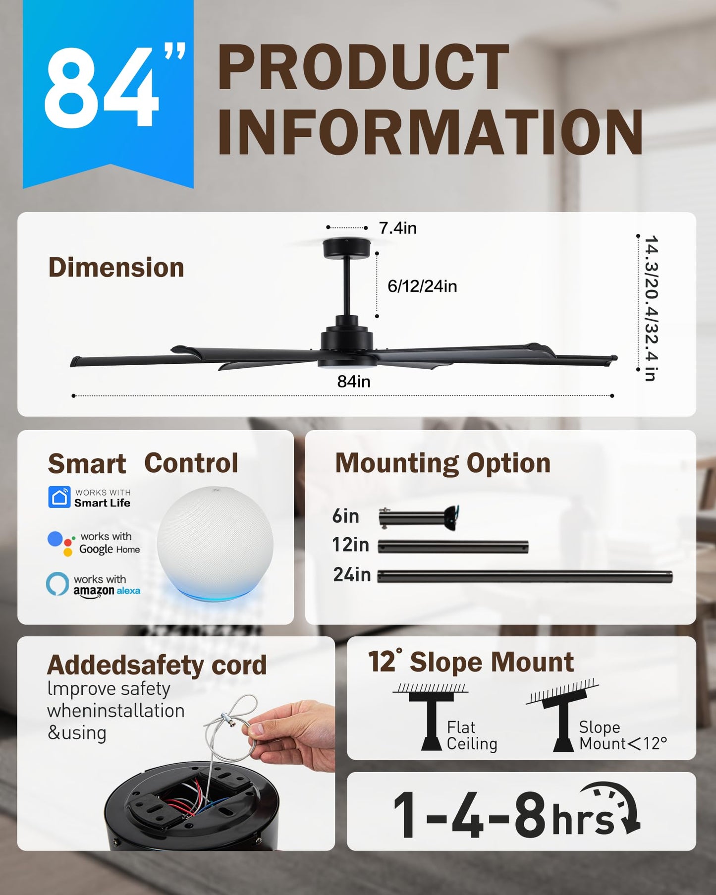 Minislak 84" Smart Alexa Industrial Ceiling Fans with Light,6 Dual-Layer Aluminum Blades,Large Black Ceiling Fan with 6 Speed Noiseless DC Motor,Indoor/Outdoor Ceiling Fan for Patio