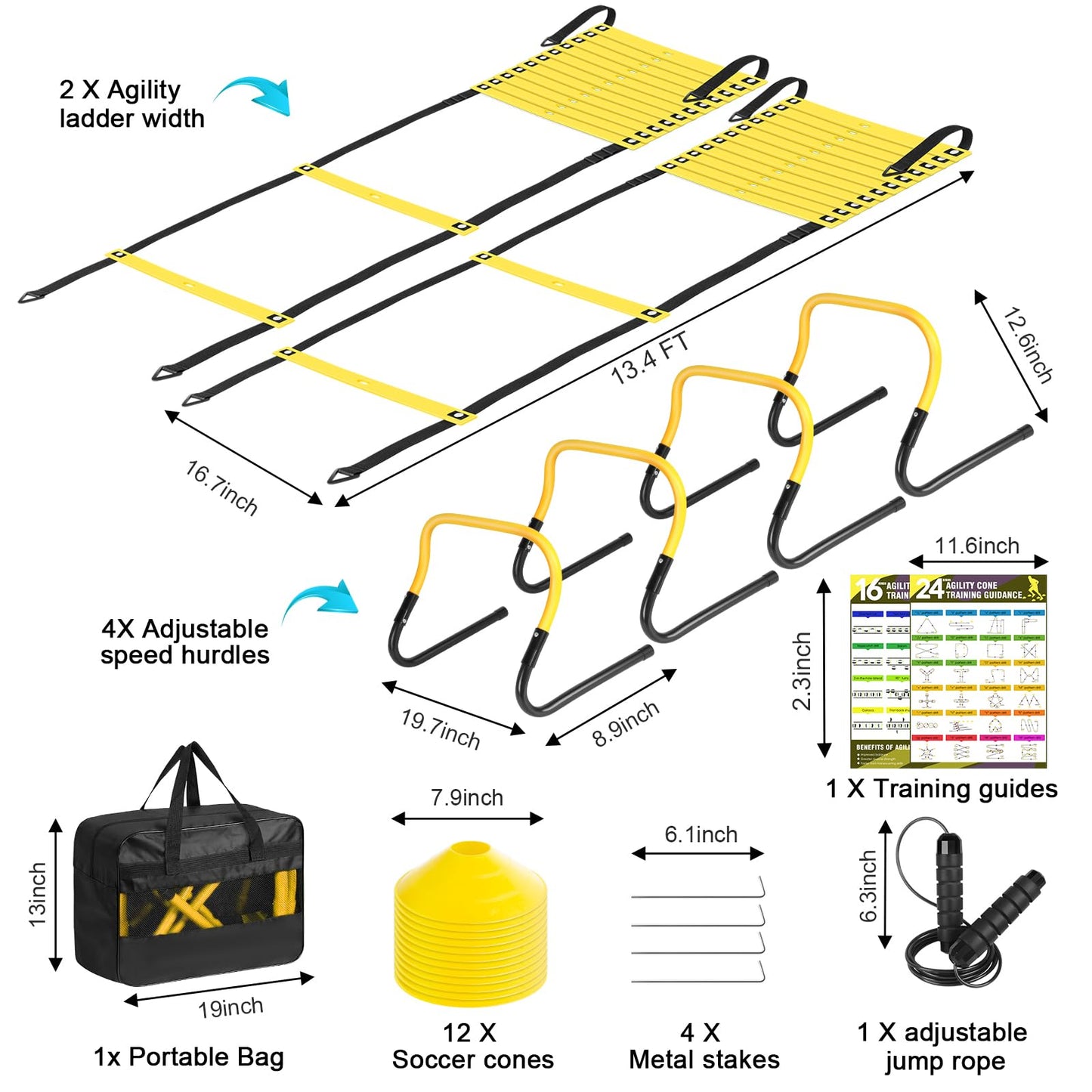 BORNEW 2 Pack Agility Ladder, Soccer Speed Training Equipment Set with Total 26 ft Agility Ladder, 12 Cones, 4 Adjustable Hurdles, Jump Rope, for Soccer, Basketball, Football, Kids, Youth, Adults