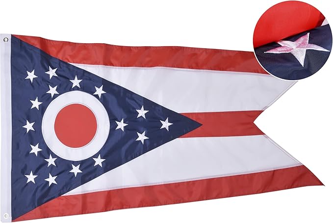 Ohio State Flag 3x5 Ft, Deluxe Embroidered Premium Polyester Durable OH Outside Flag, Indoor/Outdoor with Sewn Stripes and Brass Grommets