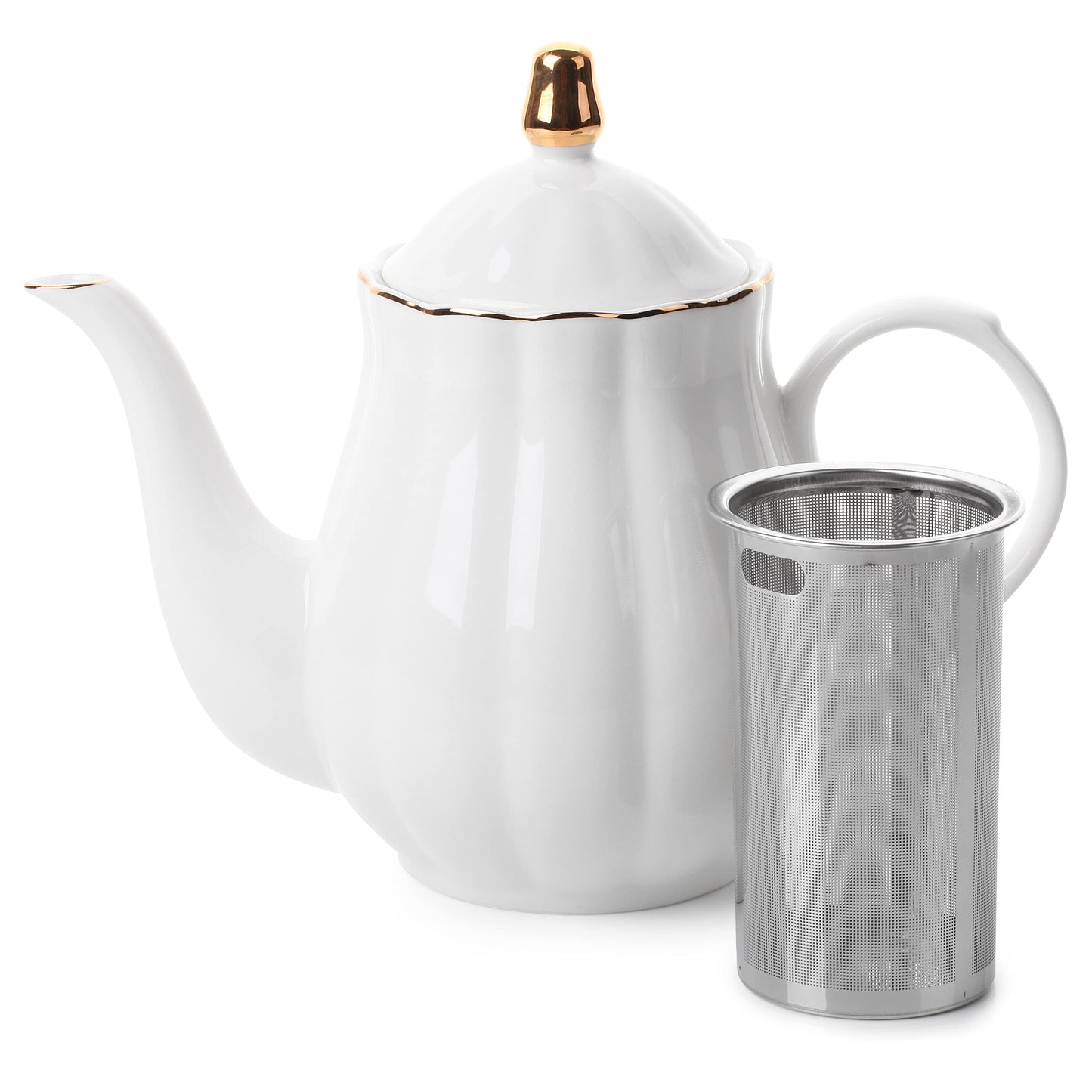 BTaT- Porcelain Tea Pot with Stainless Steel Infuser, 32 oz, White, Tea Pot with Gold Trim, Teapot with Infuser, Porcelain Teapot, Tea Brewing Pot, Teapots for Loose Tea
