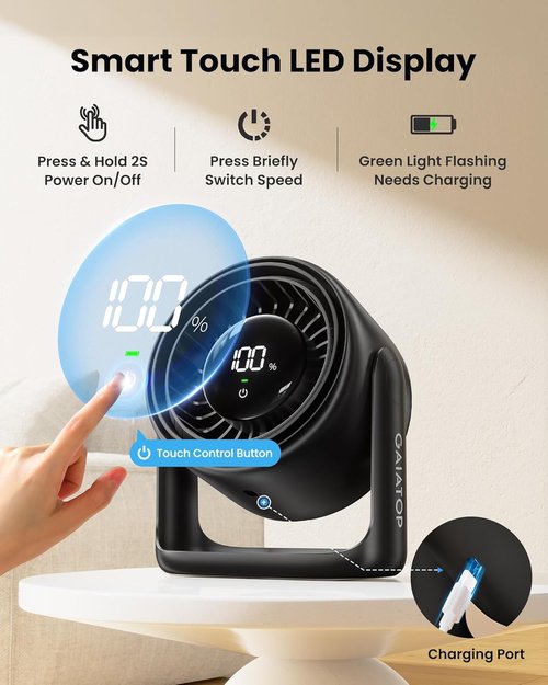 Gaiatop Desk Fan - Ultra Quiet 5-Speed Touch Control Fan with 4000mAh Battery | 7.7 Inch USB-C Rechargeable, Black