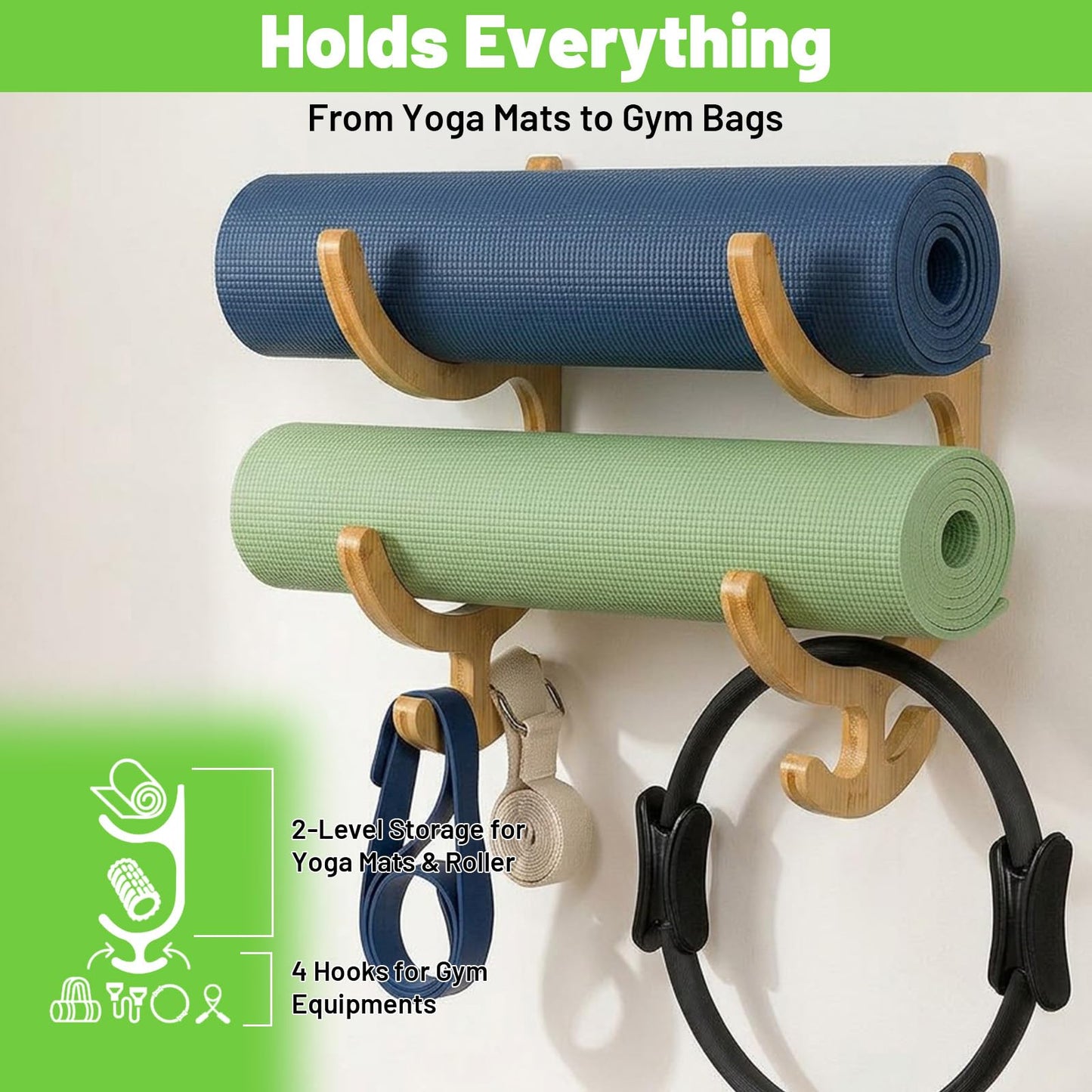 Wooden Yoga Mat Storage Rack Wall Mount, Yoga Mat Holder Hanging Hooks for Home Gym Equipment Storage, Fitness Class Room Mats Storages Organizer for Resistance Band, Home Gym Accessories