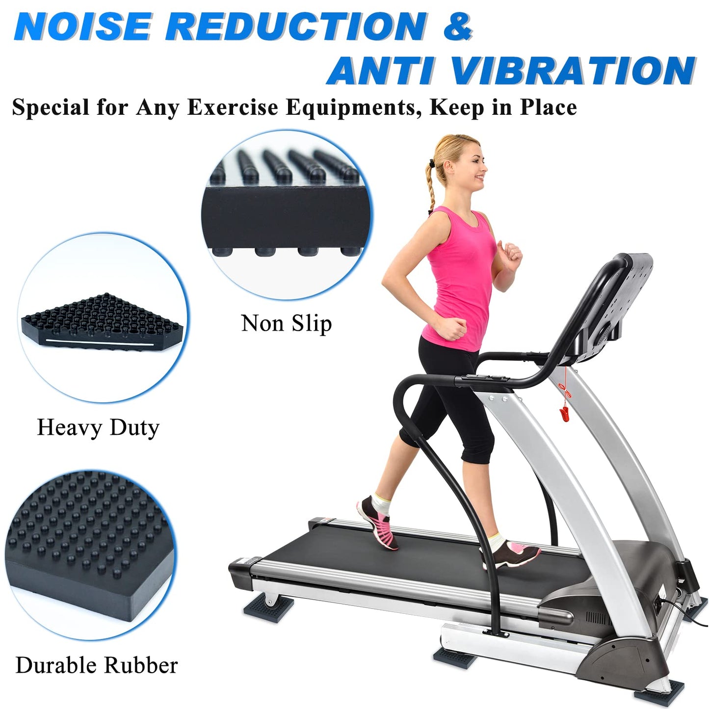 BXI Exercise Equipment Mat Heavy Duty - 4 x 4 x 0.8 Inches 4 Pcs Non Slip Noise Reduction Anti Vibration Treadmill Stationary Bike Mats, Thick Steel Embedded Rubber Pad for Hardwood Floors & Carpet