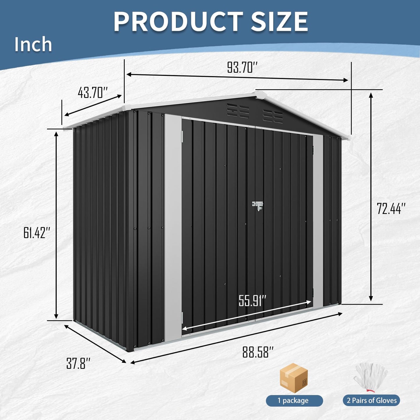 KEIKI 8x4 FT Outdoor Metal Storage Shed with Lockable Door, Heavy Duty Galvanized Steel Garden Tool Shed with Sloped Roof and Air Vents, Weatherproof Backyard Organizer for Patio Lawn, Black