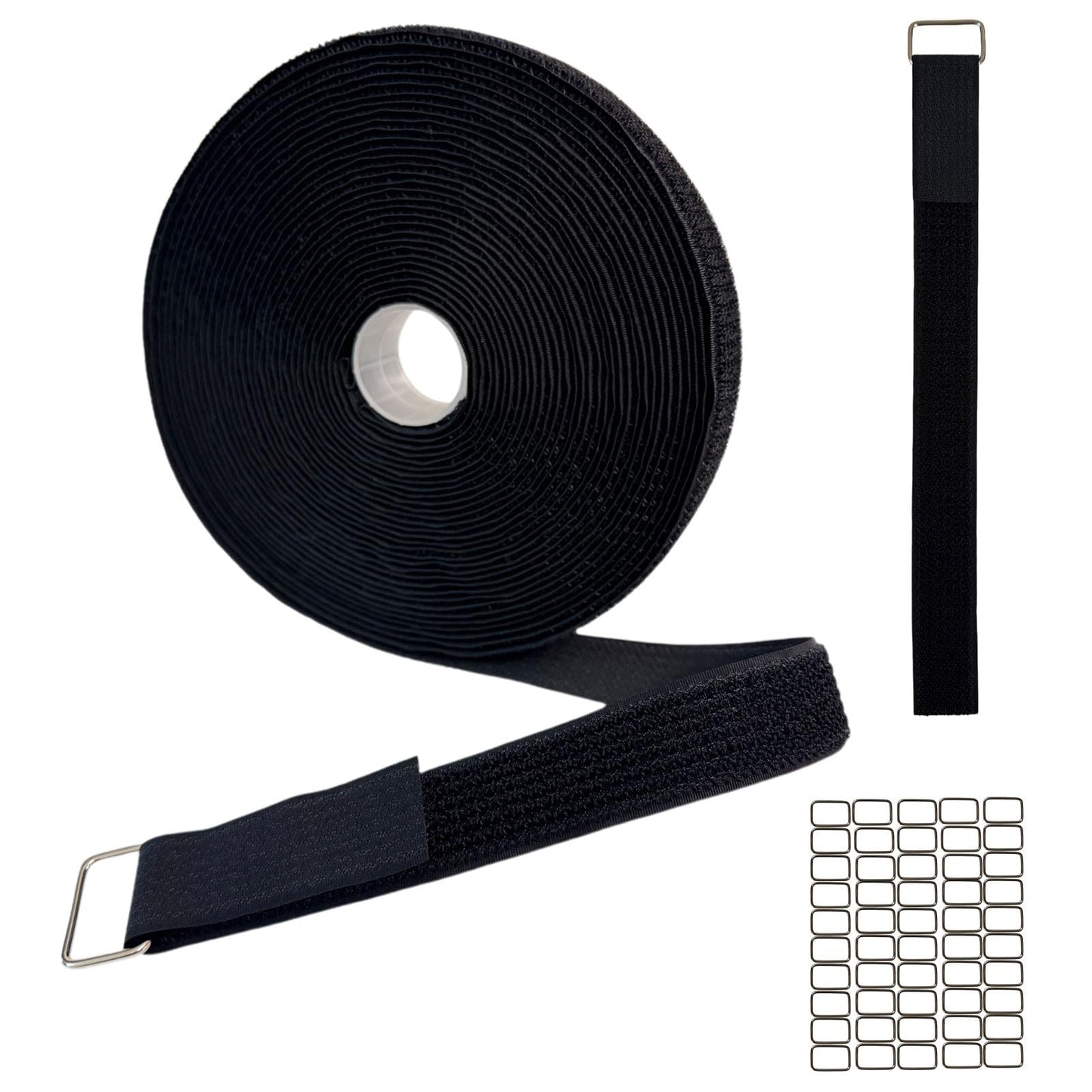 1" x 32ft Heavy Duty Hook and Loop Straps with 50 Metal Buckles, Adjustable Reusable Cinch Straps, Nylon Cut-to-Length Long Cable Straps and Cord Ties Roll for Storage and Cord Organizer, Black