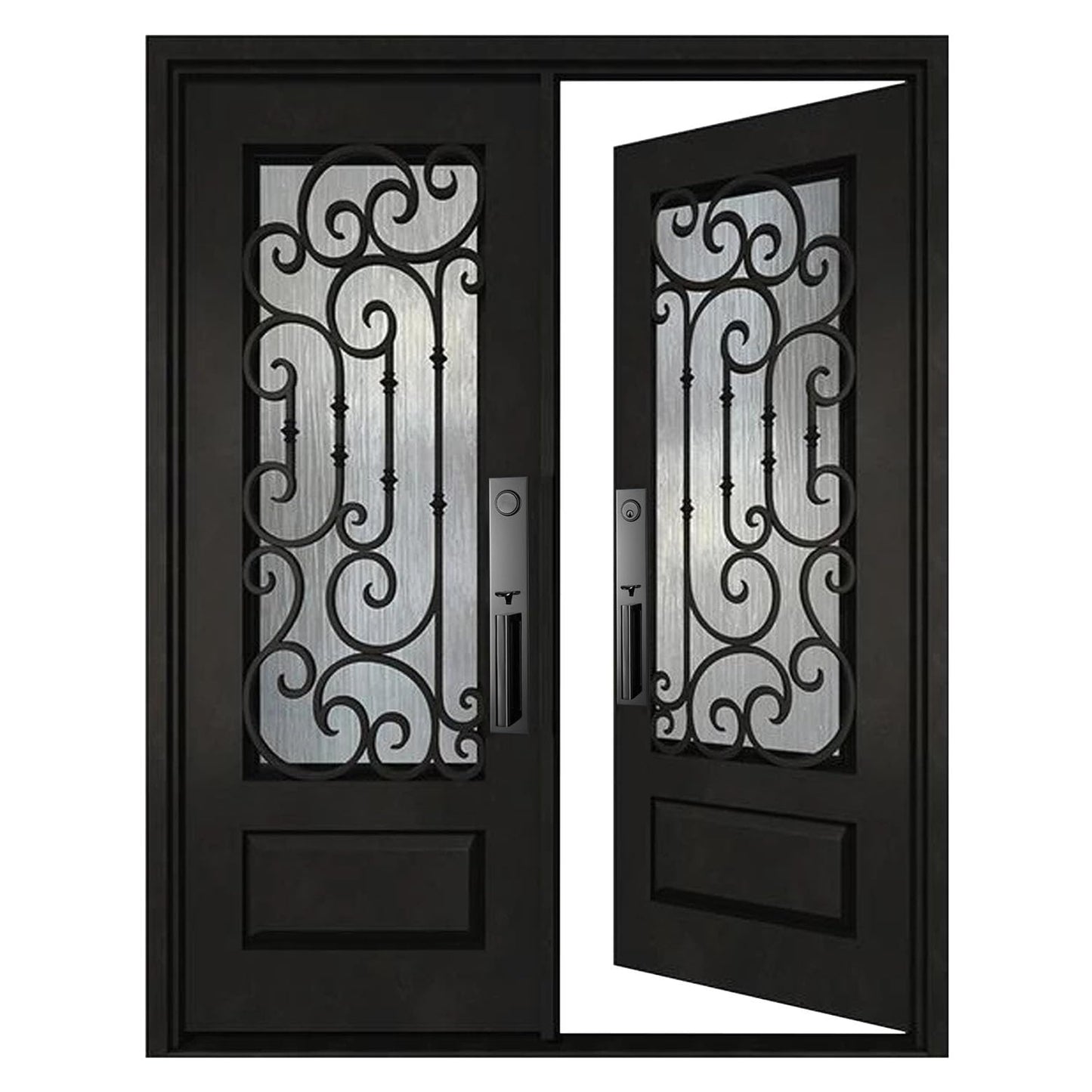 BGW Doors Matte Black Iron Double Front Entry Door with Tempered Privacy Glass, Prehung Pre-Finished Exterior Door, Right Inswing, 30x30x80